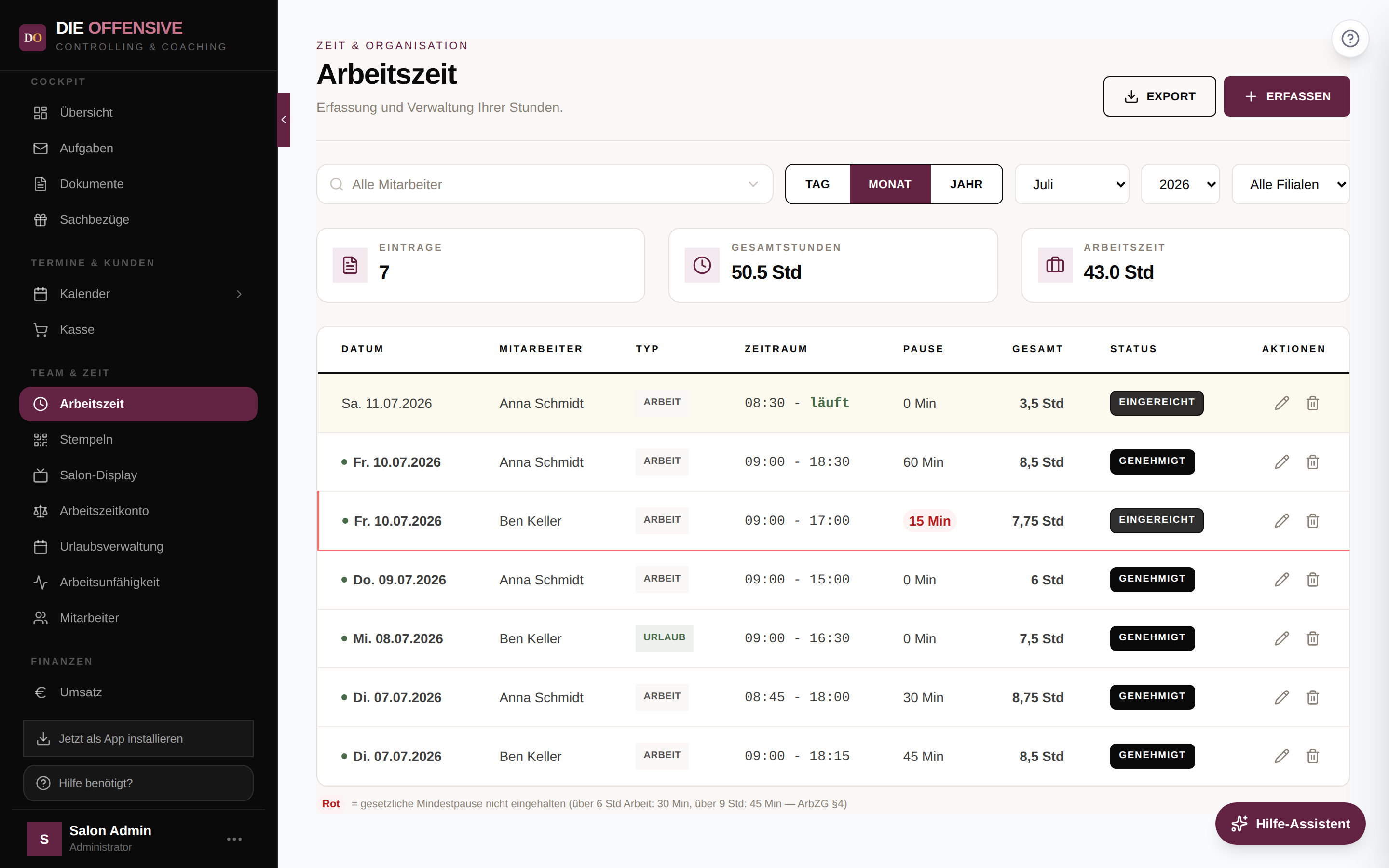Arbeitszeit-Ansicht mit rot markierter Pause, laufendem Eintrag und Legende unter der Tabelle