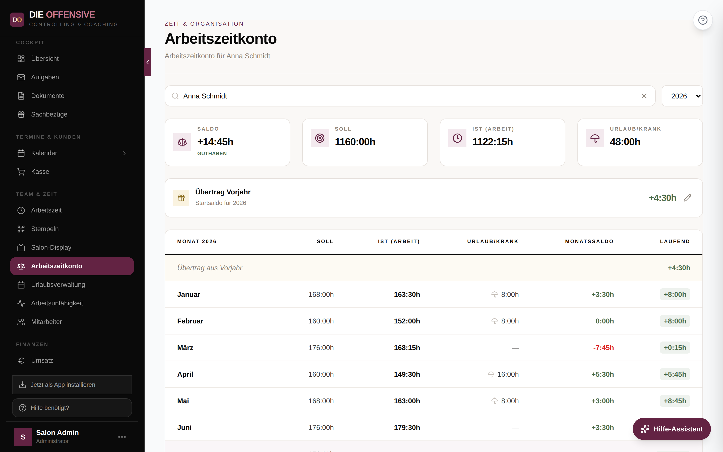 Arbeitszeitkonto mit Kennzahlen, editierbarem Übertrag Vorjahr und Monatstabelle