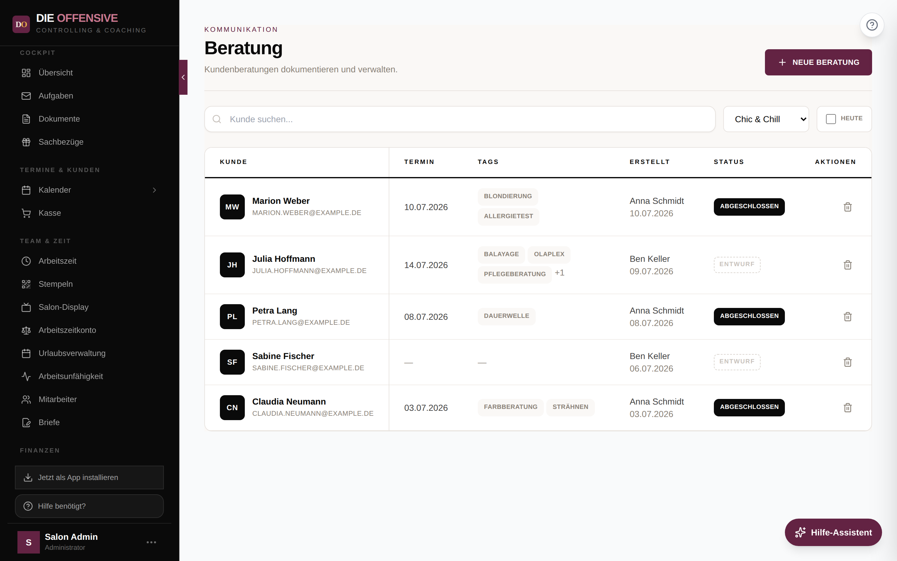 Beratungs-Übersicht mit Protokoll-Liste, Suche, Standortfilter und Status