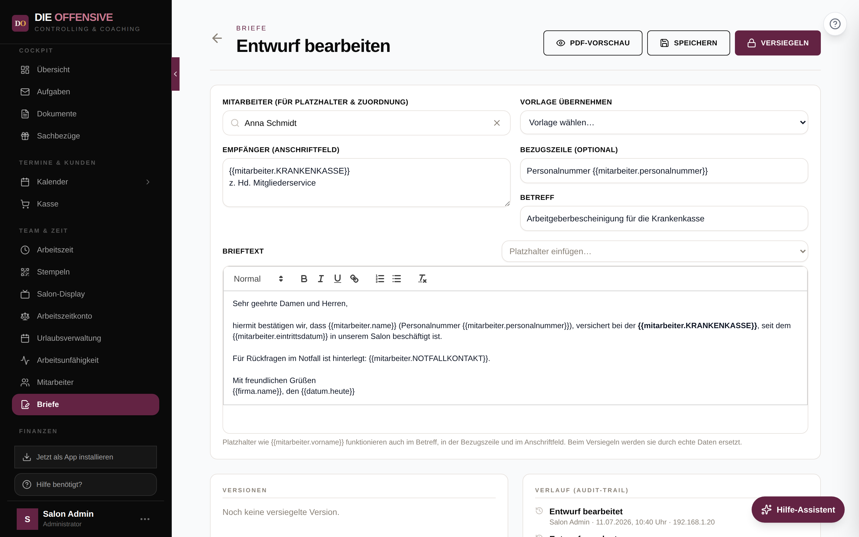 Brief-Editor mit einem Entwurf, der die Zusatzfeld-Platzhalter mitarbeiter.KRANKENKASSE und mitarbeiter.NOTFALLKONTAKT im Brieftext und im Anschriftfeld verwendet