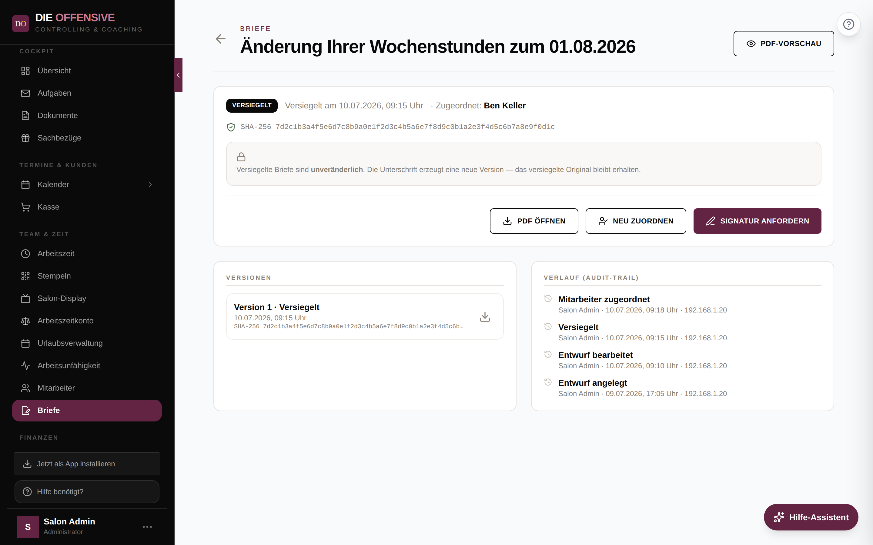 Versiegelter Brief mit den Buttons PDF öffnen, Neu zuordnen und Signatur anfordern sowie dem Audit-Trail rechts