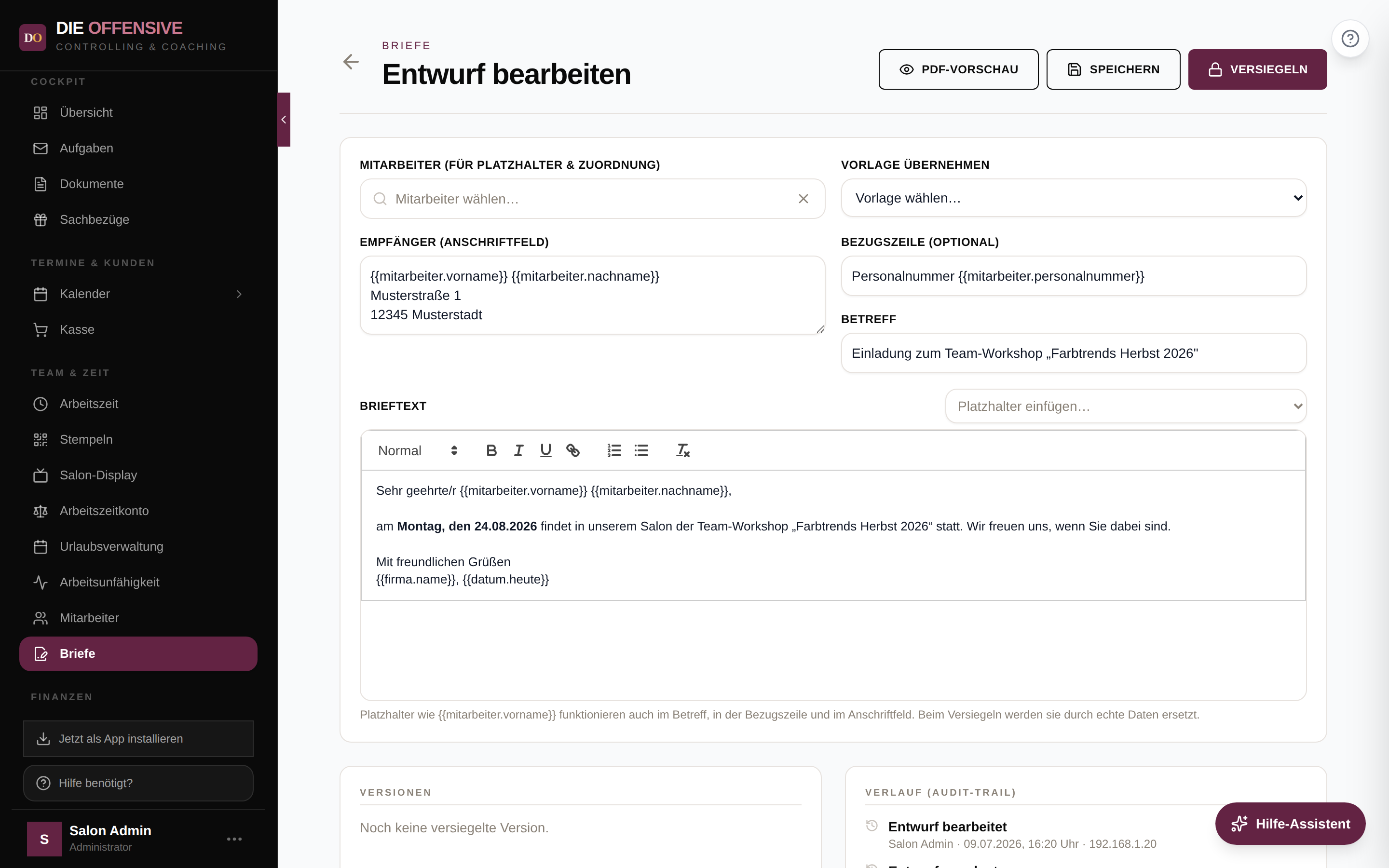 Brief-Editor mit Anschriftfeld, Bezugszeile, Betreff, Texteditor und Platzhalter-Auswahl