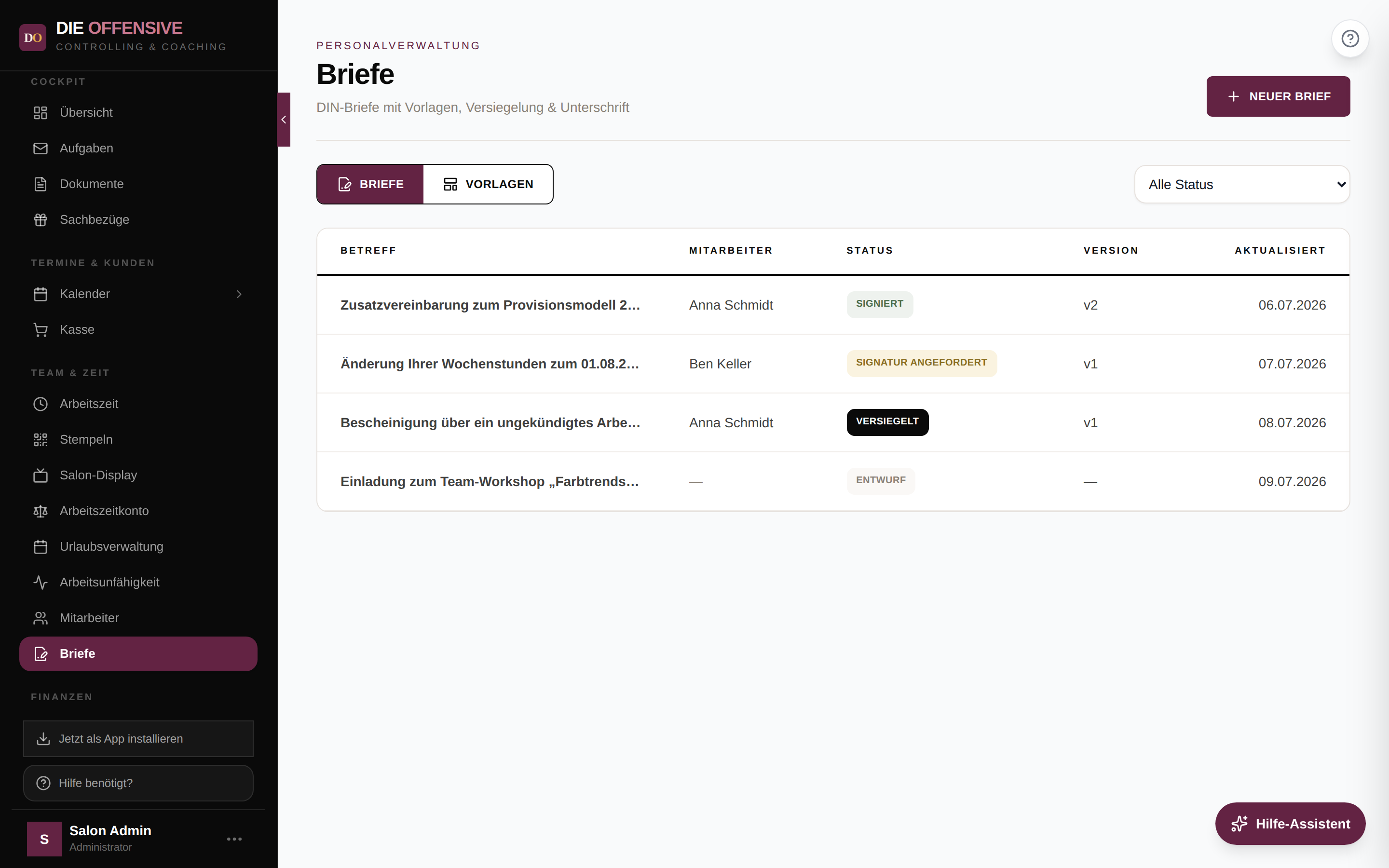Briefliste mit Betreff, Mitarbeiter, Status, Version und Statusfilter