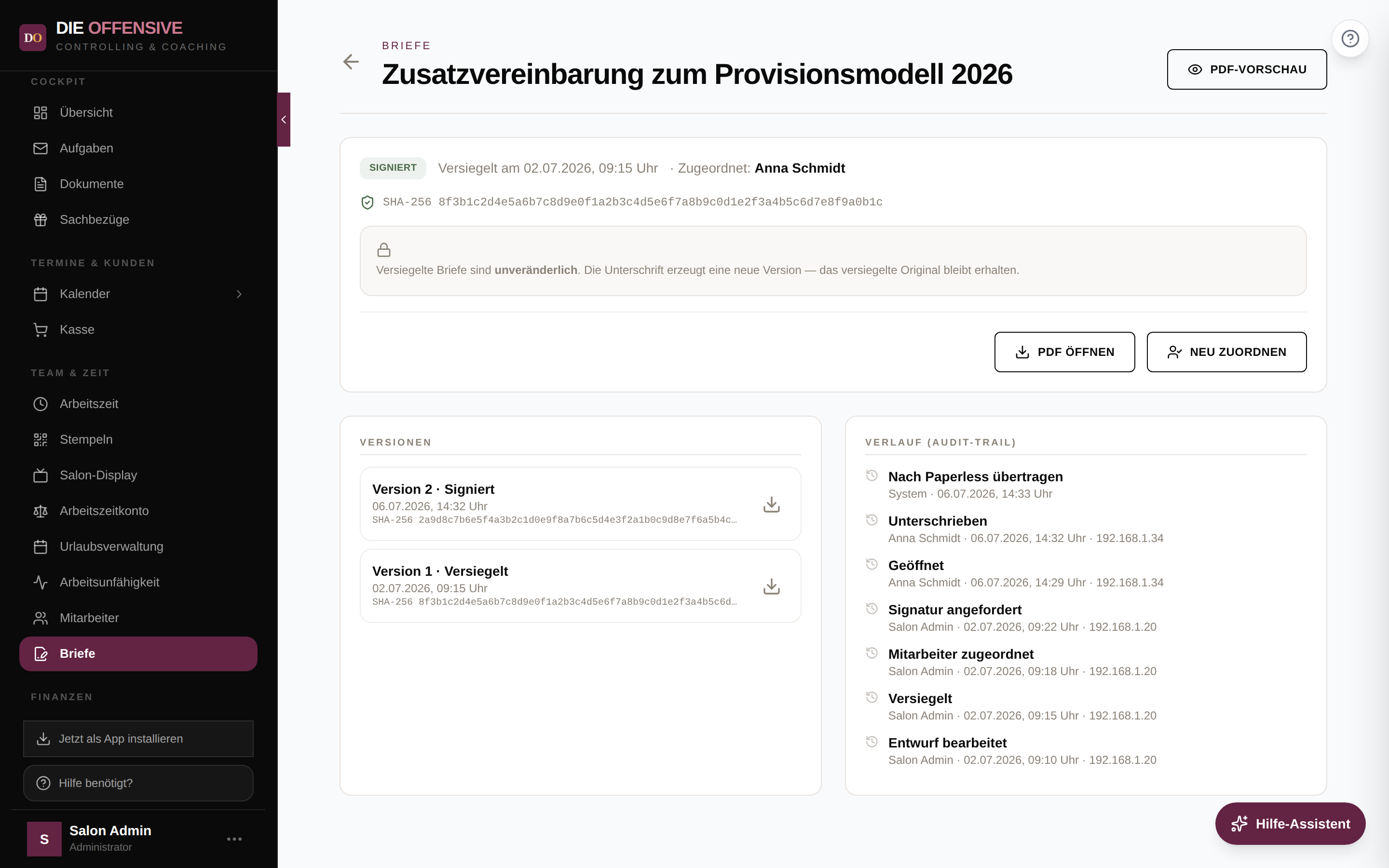 Signierter Brief mit SHA-256-Prüfsumme, Versionsliste und Audit-Trail