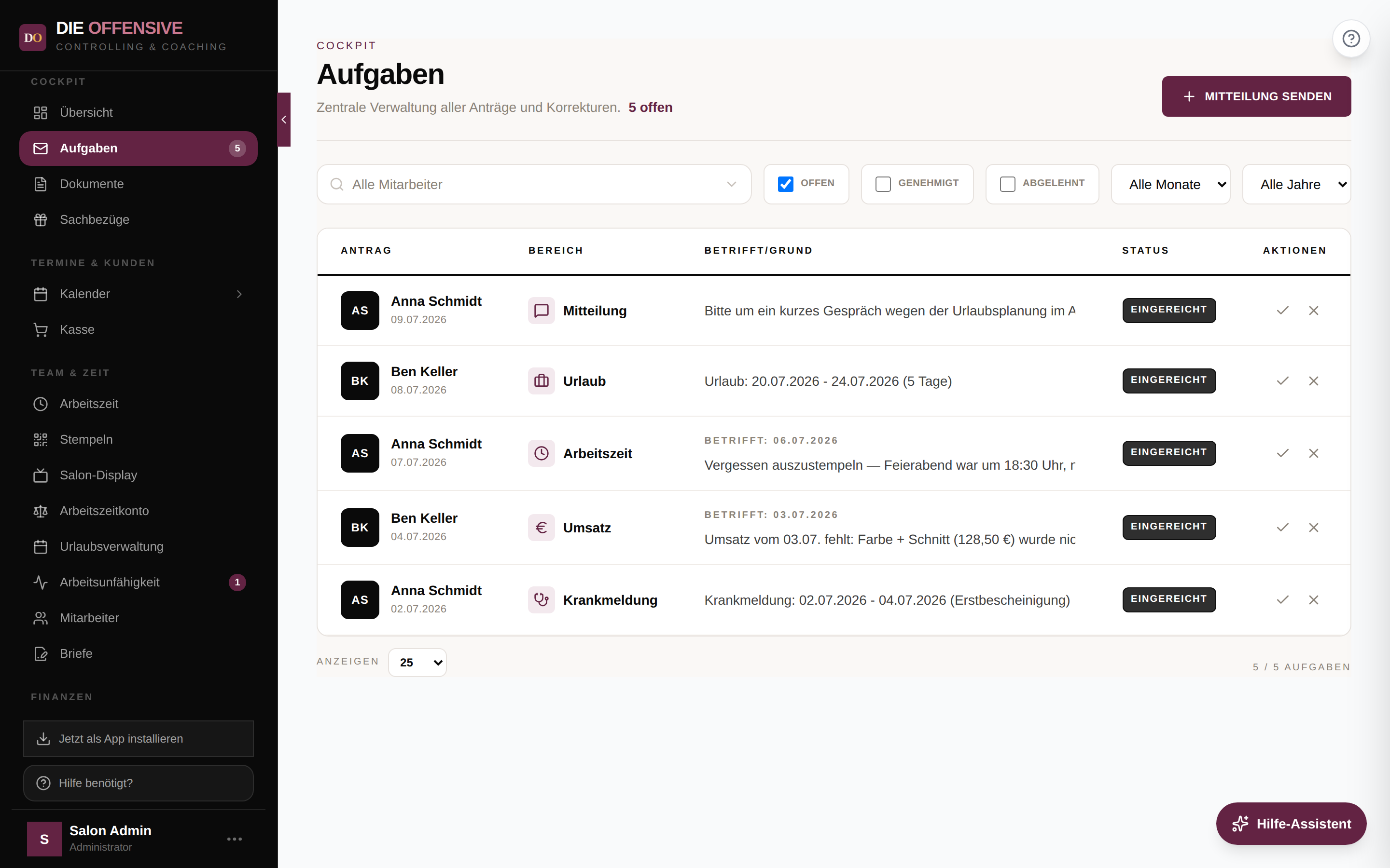 Aufgaben-Liste mit offenen Mitteilungen, Korrekturen, Urlaubsanträgen und Krankmeldungen