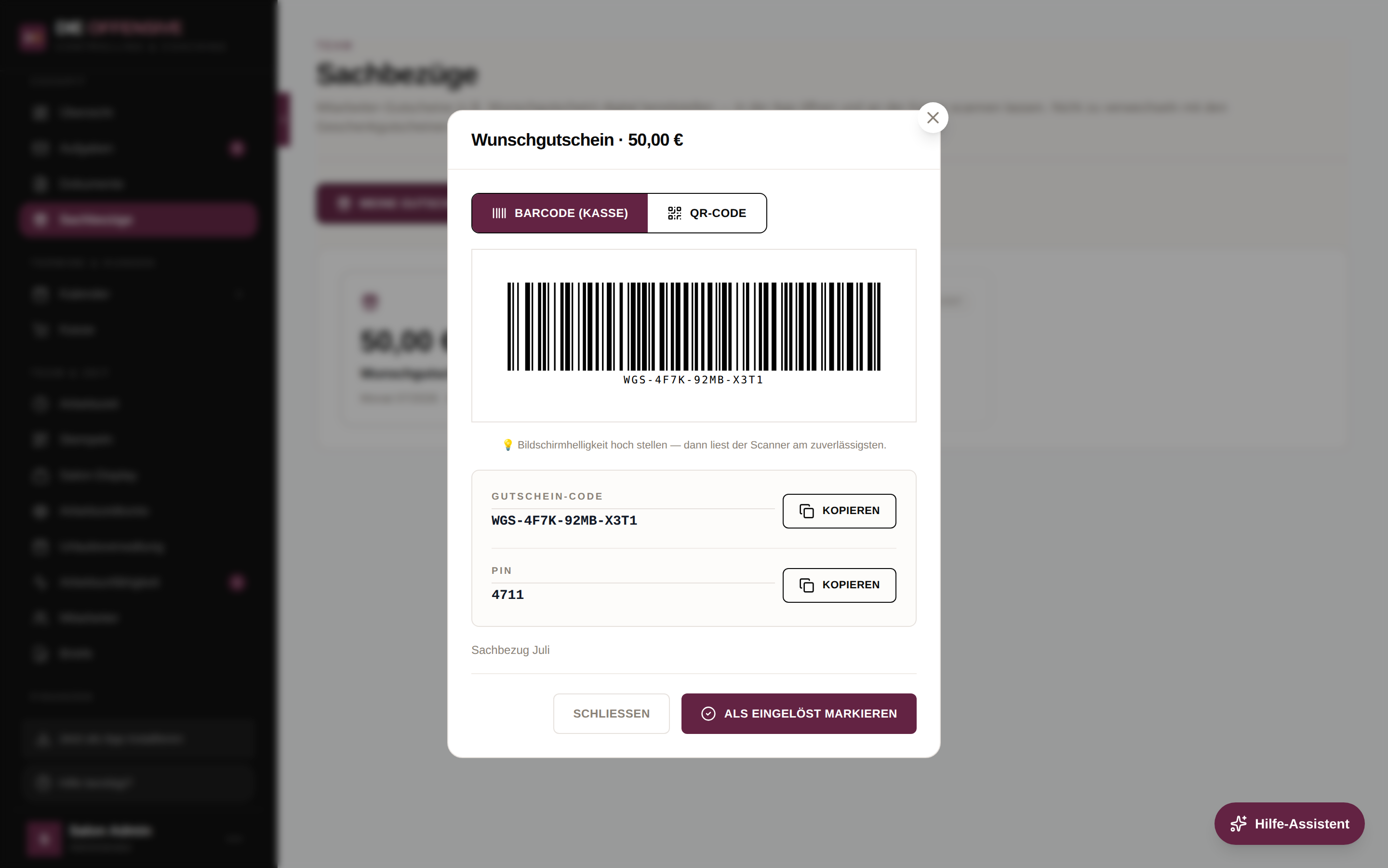 Geöffneter Gutschein mit Barcode, Gutschein-Code, PIN und Button 'Als eingelöst markieren'