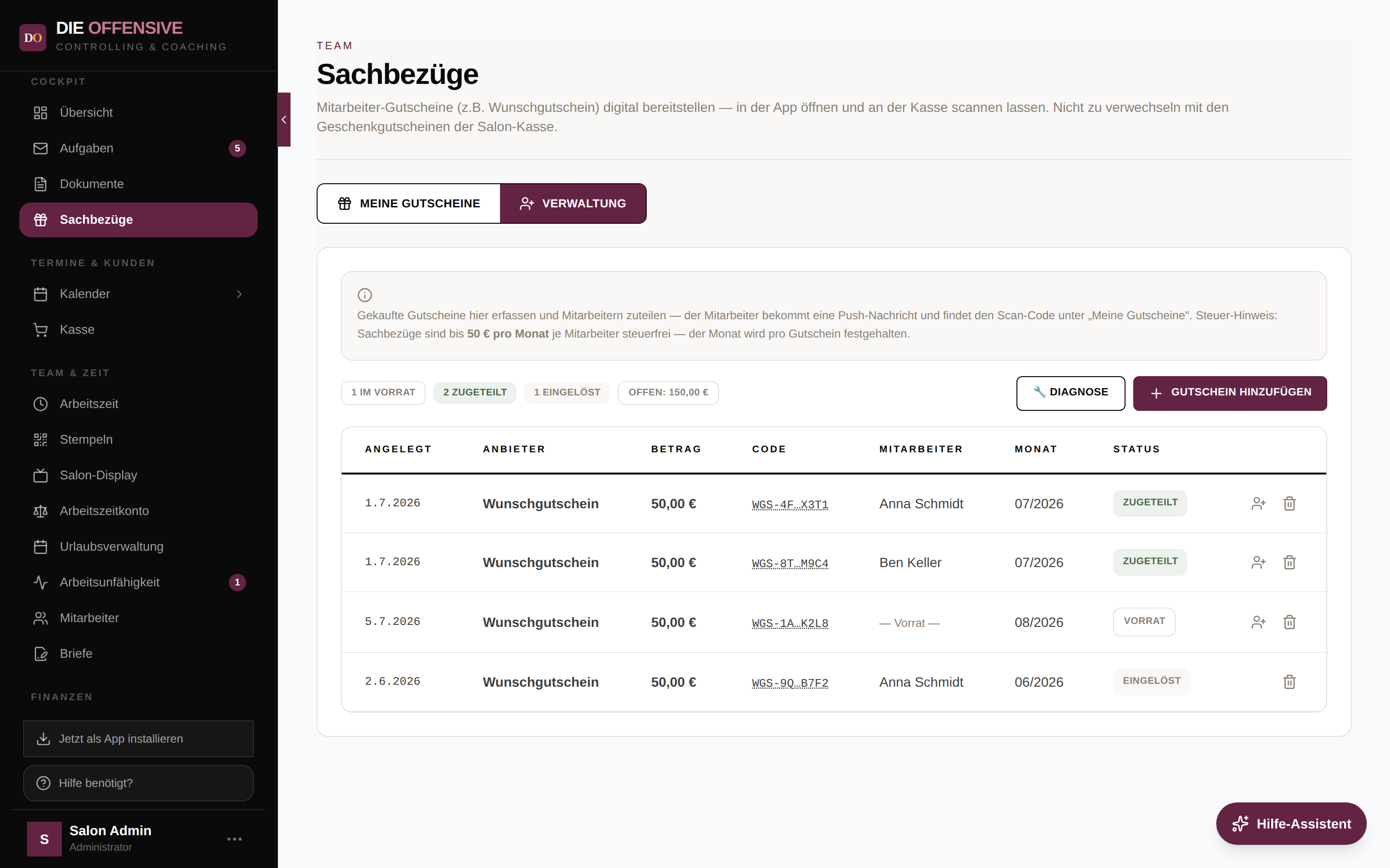 Sachbezüge-Verwaltung mit Kennzahlen, Gutschein-Tabelle und Status Vorrat/Zugeteilt/Eingelöst