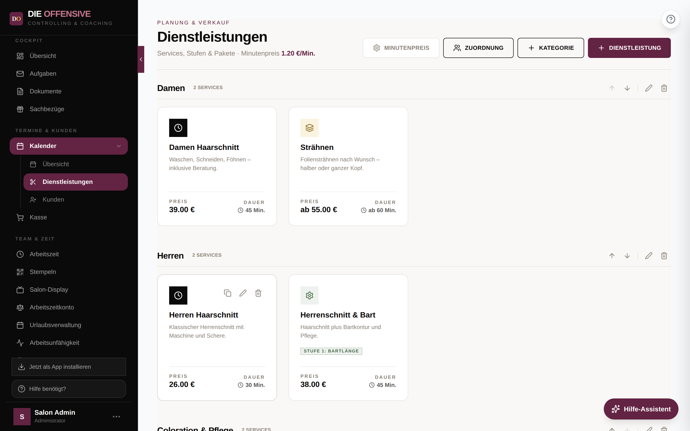 Dienstleistungs-Übersicht mit Kategorien, Service-Karten und den Schaltflächen Minutenpreis, Zuordnung, Kategorie und Dienstleistung