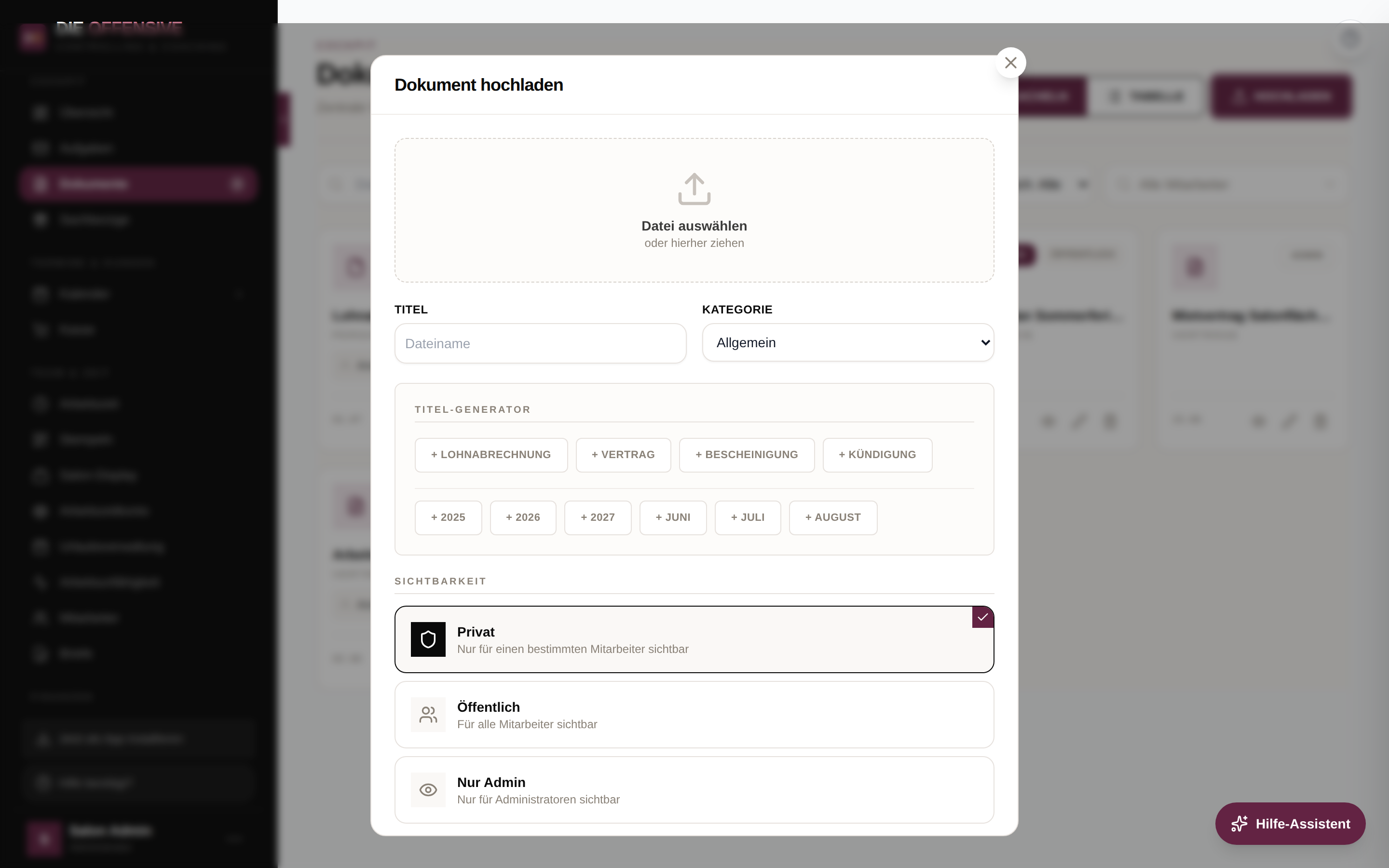 Dialog Dokument hochladen mit Dateiablage, Titel-Generator und Sichtbarkeits-Auswahl