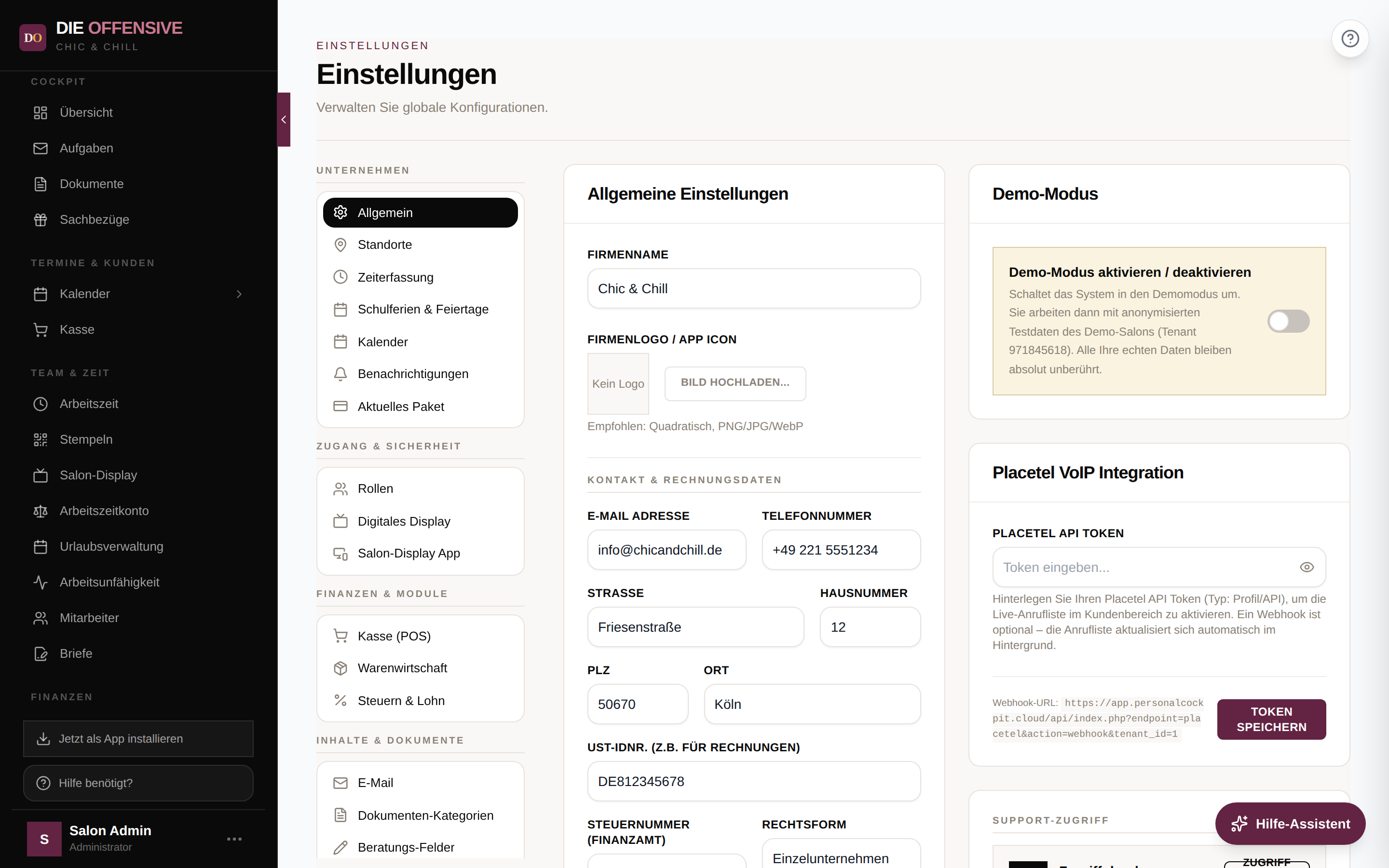 System-Einstellungen mit Bereichsmenü links und dem Bereich Allgemein rechts
