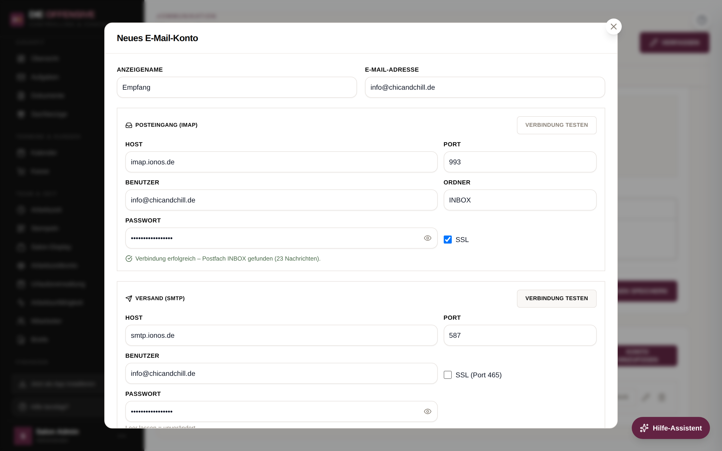 Fenster Neues E-Mail-Konto mit ausgefüllten IMAP- und SMTP-Feldern und erfolgreichem Verbindungstest