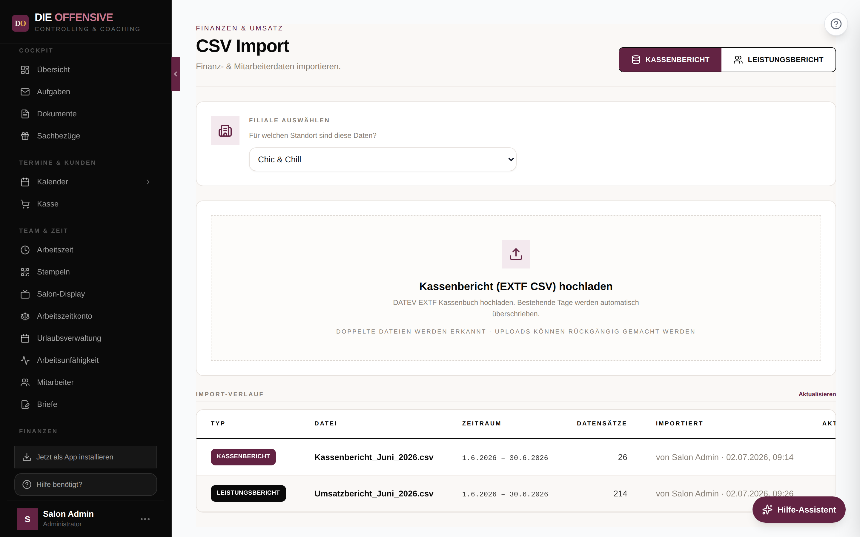 CSV Import mit Kassenbericht-Modus, Upload-Fläche und Import-Verlauf