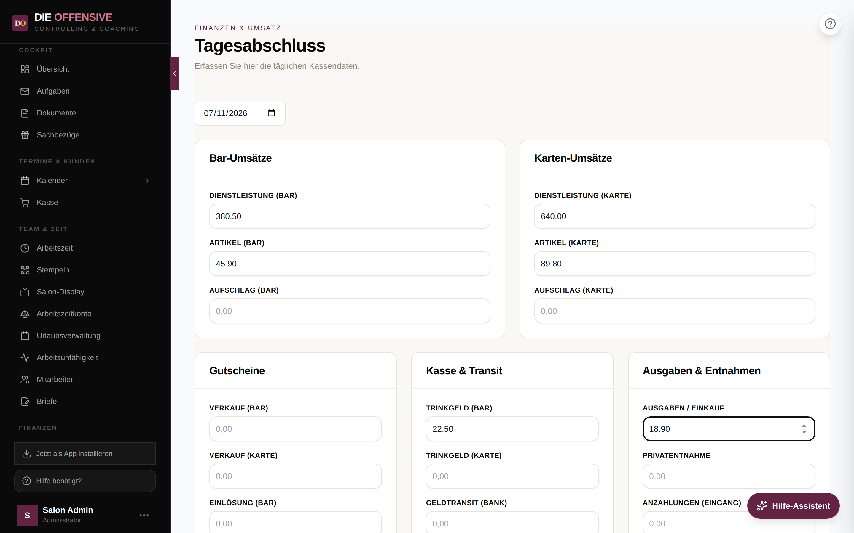 Tagesabschluss-Formular mit Bar- und Karten-Umsätzen, Gutscheinen und Ausgaben