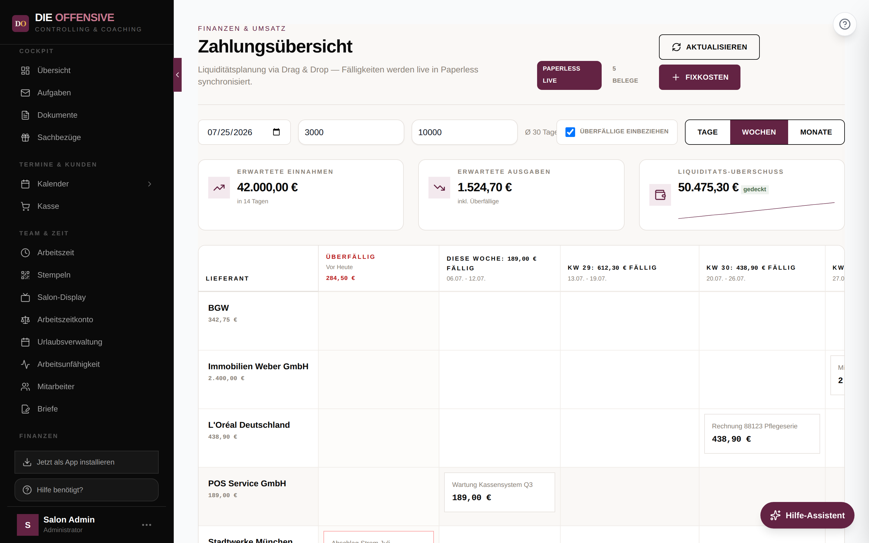 Zahlungsübersicht mit Liquiditätsplaner-Kennzahlen und Zahlungs-Matrix nach Kalenderwochen