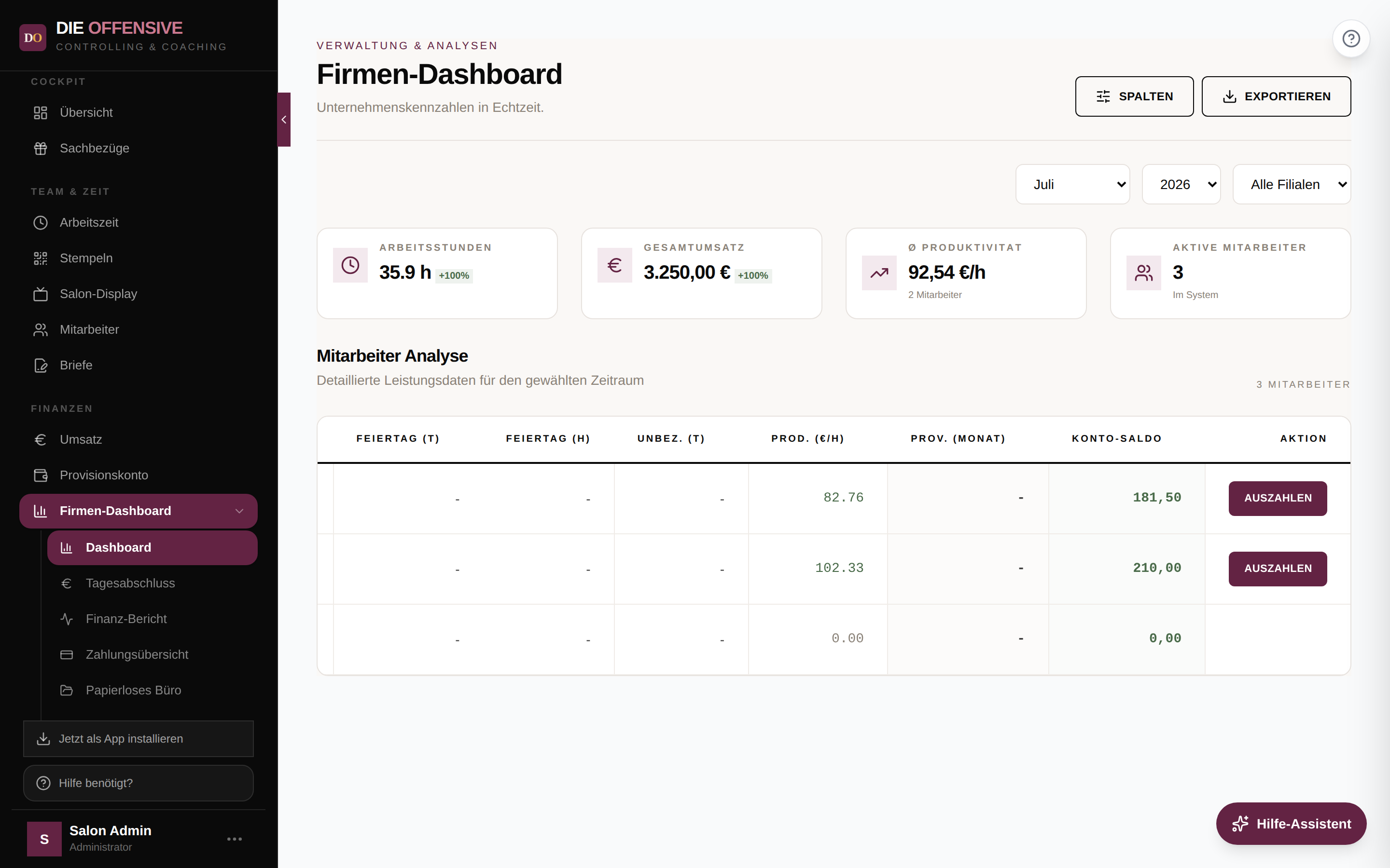 Firmen-Dashboard mit Provisions- und Saldo-Spalten