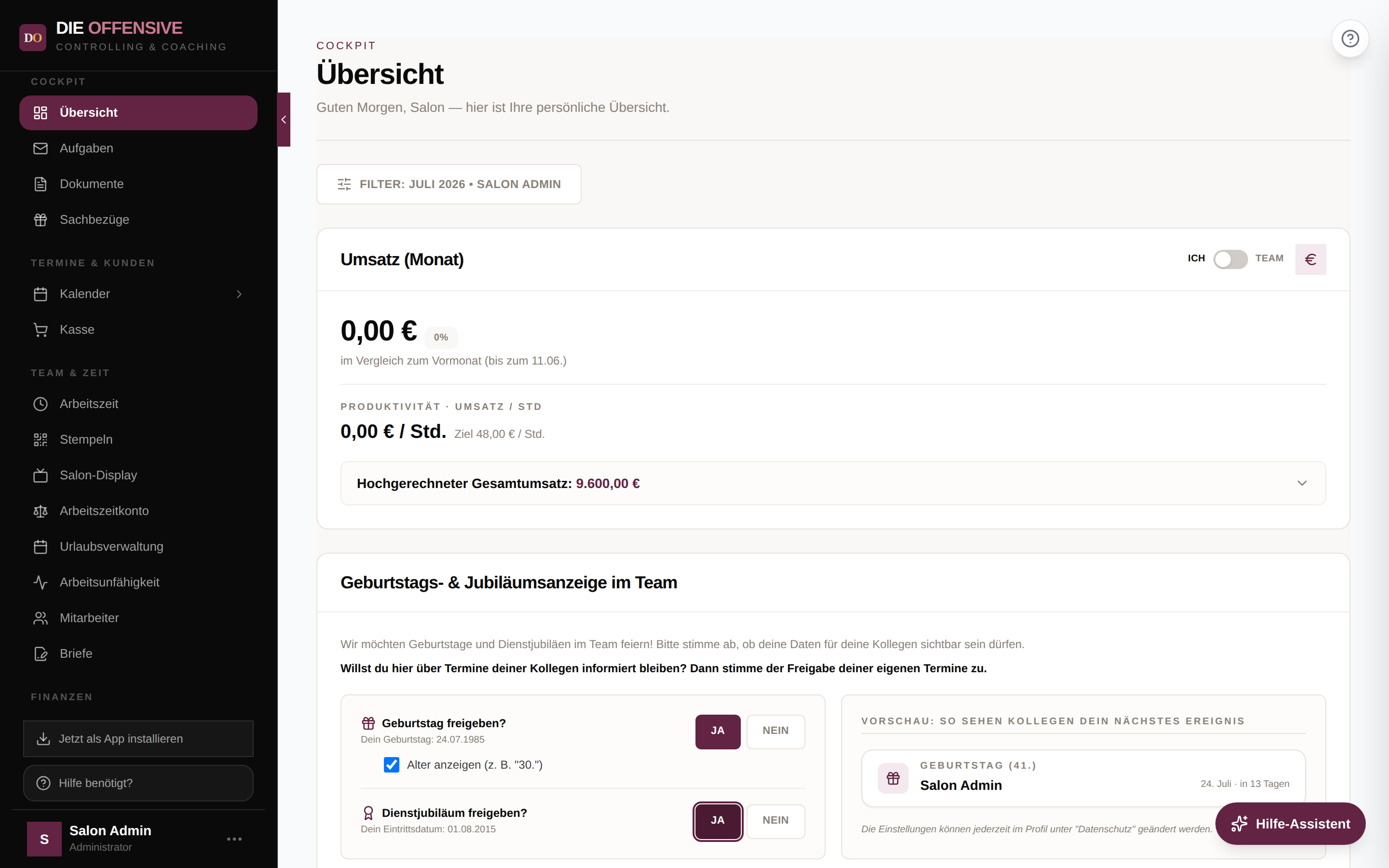 Einwilligungs-Karte auf der Übersicht mit Ja/Nein-Auswahl und Live-Vorschau