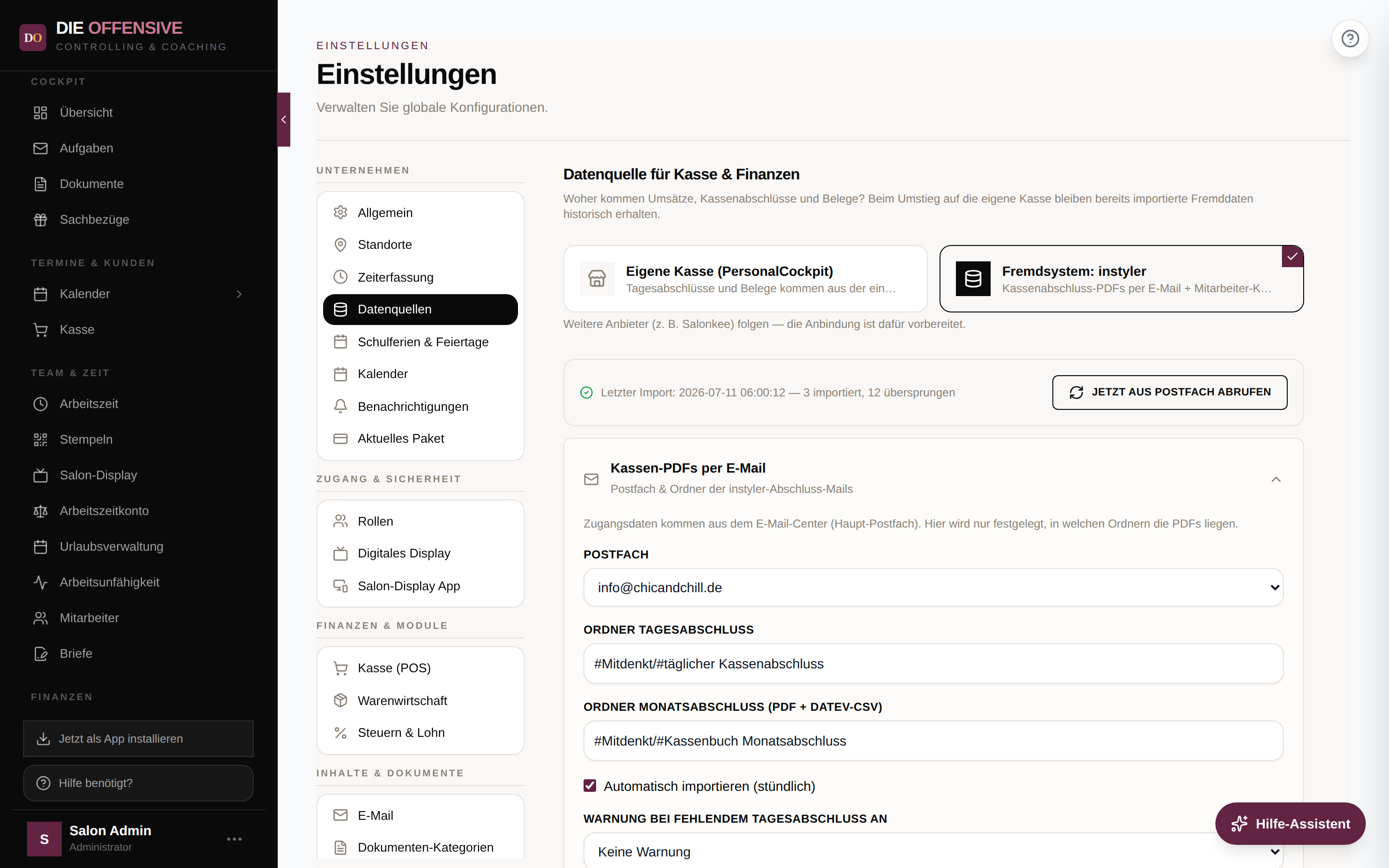 Einstellungen → Datenquellen mit instyler-Auswahl und Mail-Ordnern