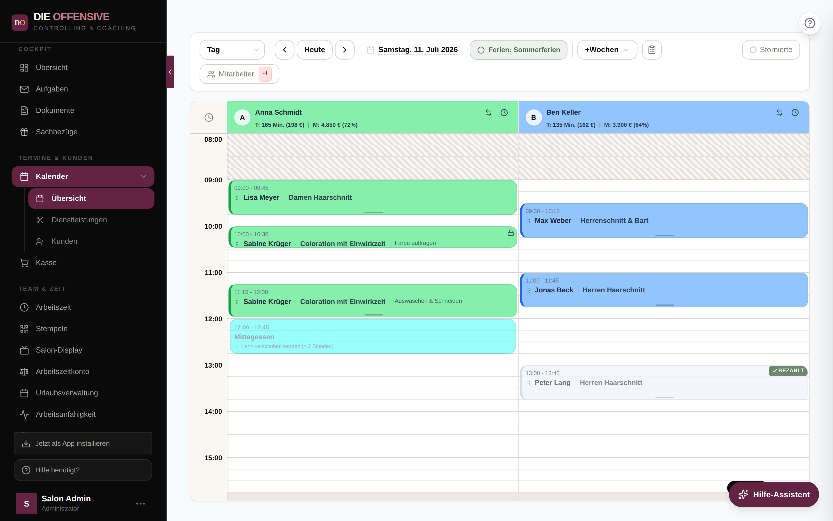 Grafischer Kalender in der Tagesansicht mit zwei Mitarbeiterspalten, Terminen, Zeitblocker und Werkzeugleiste