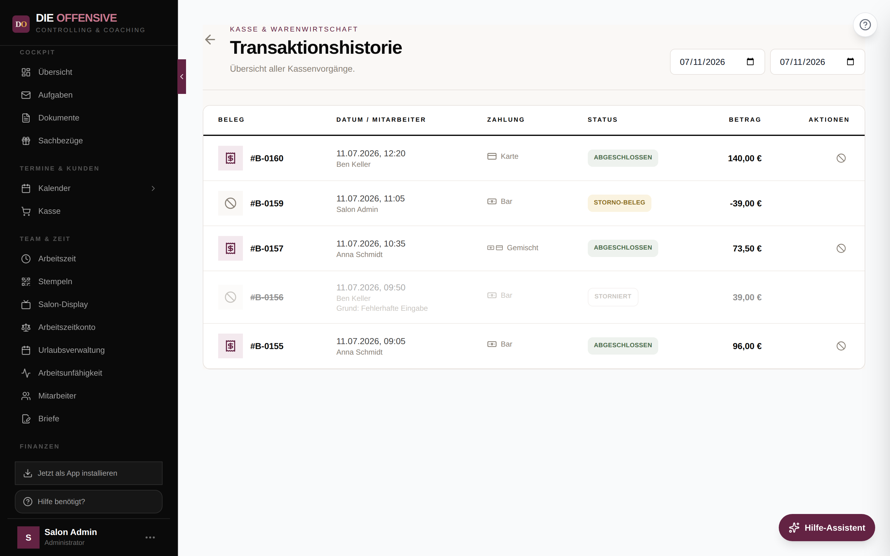 Transaktionshistorie mit abgeschlossenen, stornierten und Storno-Belegen