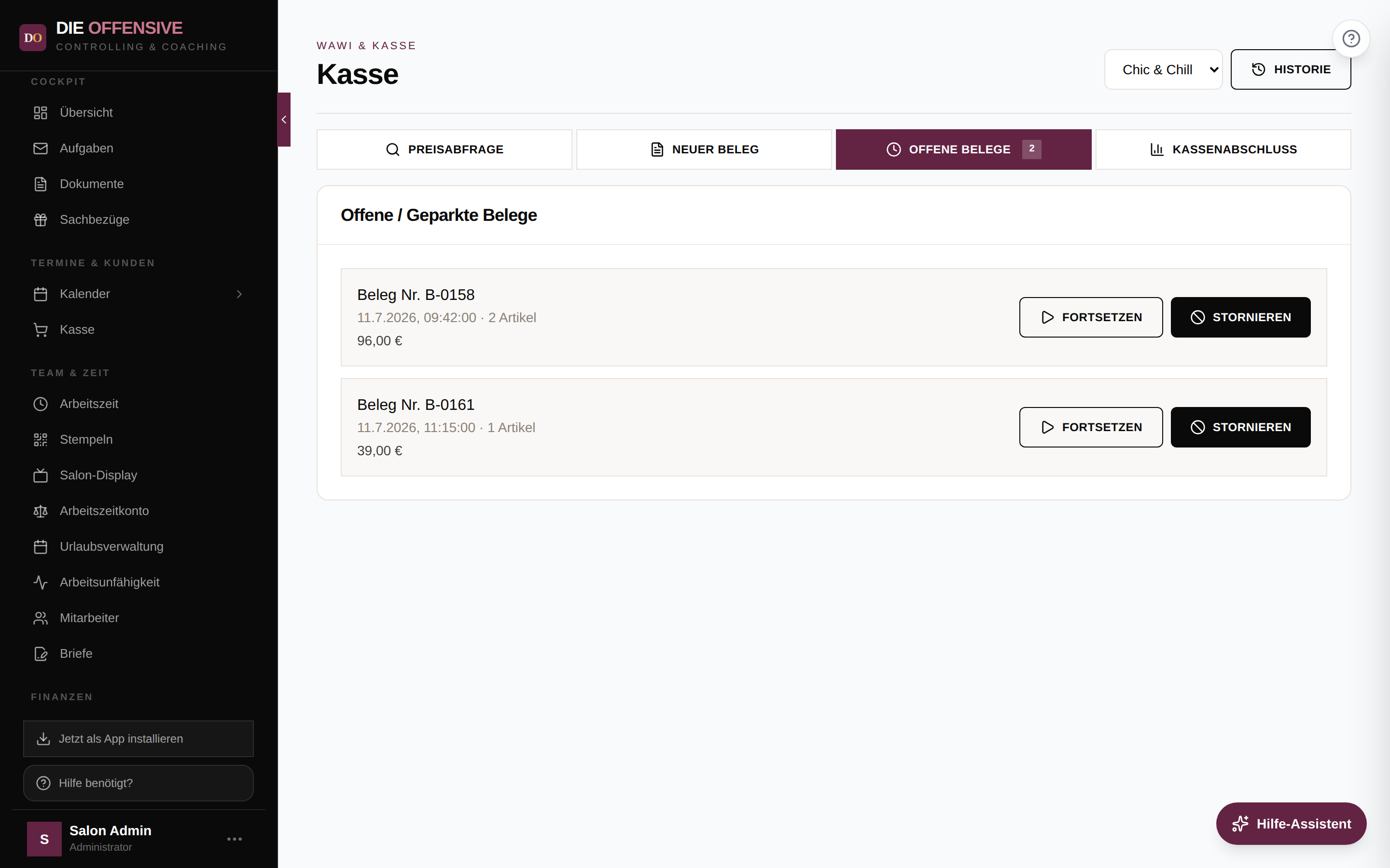 Tab Offene Belege mit zwei geparkten Belegen und den Buttons Fortsetzen und Stornieren