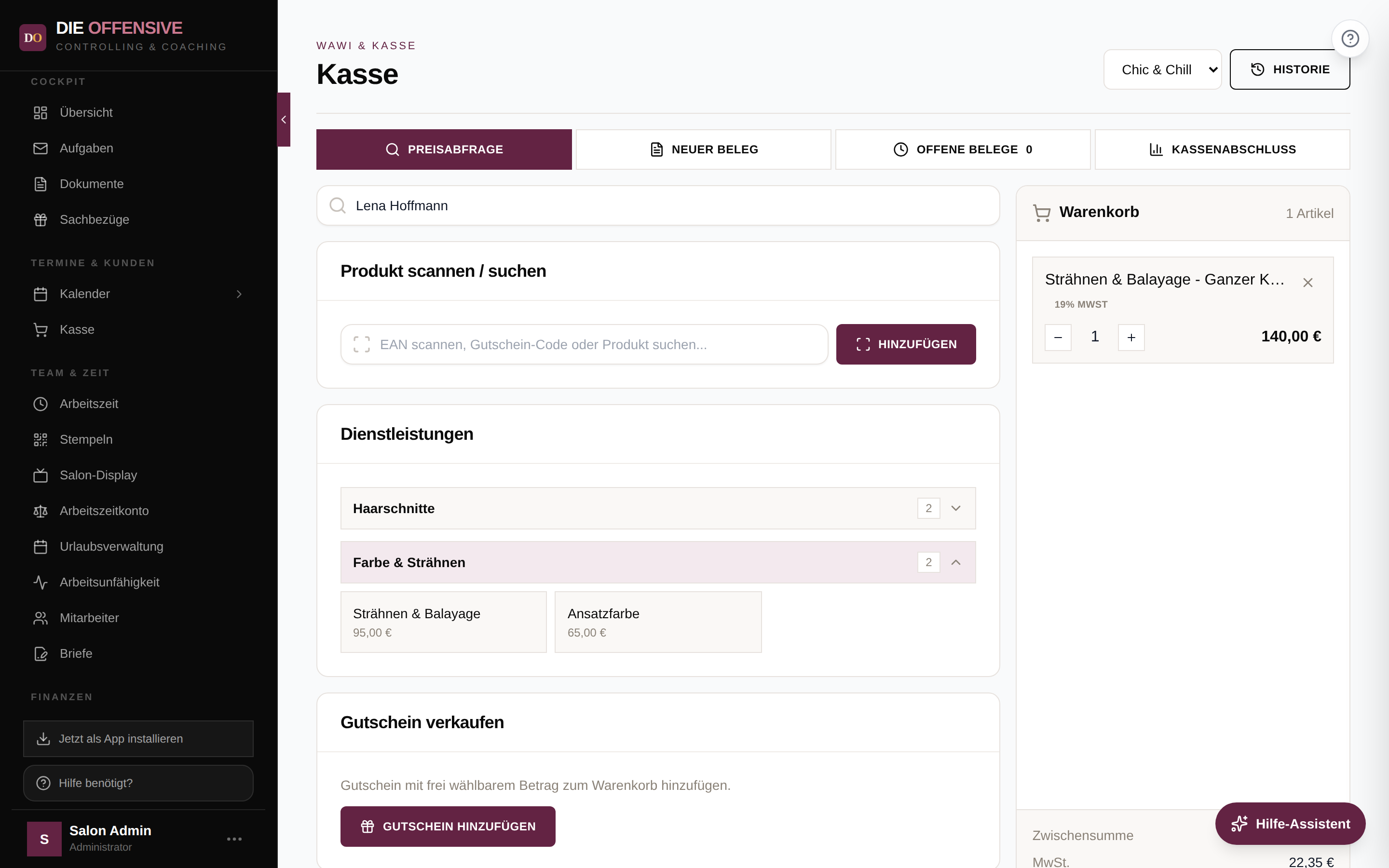 Kasse mit Dienstleistungs-Kacheln und Warenkorb mit konfigurierter Position