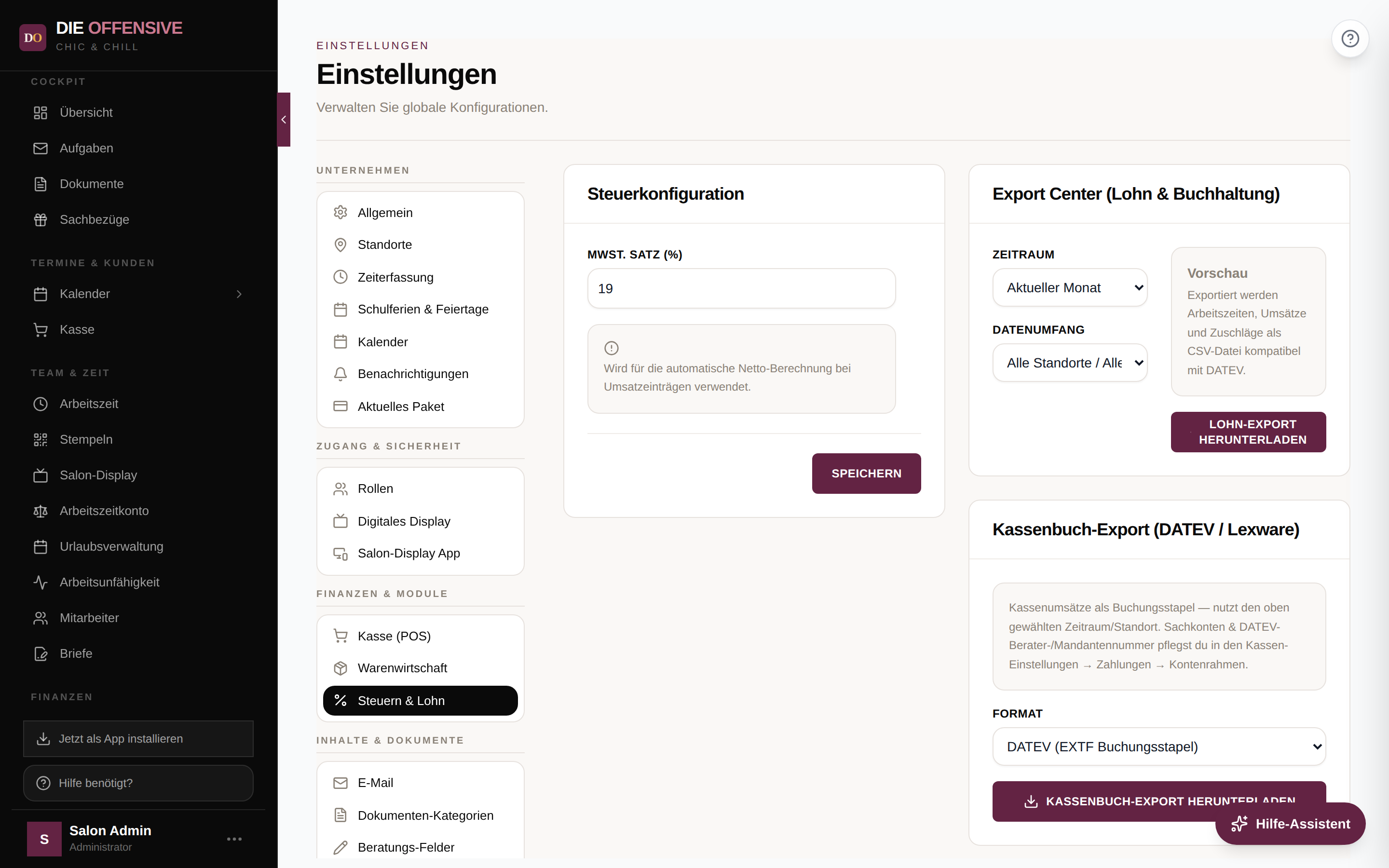 Einstellungen, Bereich Steuern & Lohn: Export Center und Karte Kassenbuch-Export (DATEV / Lexware)