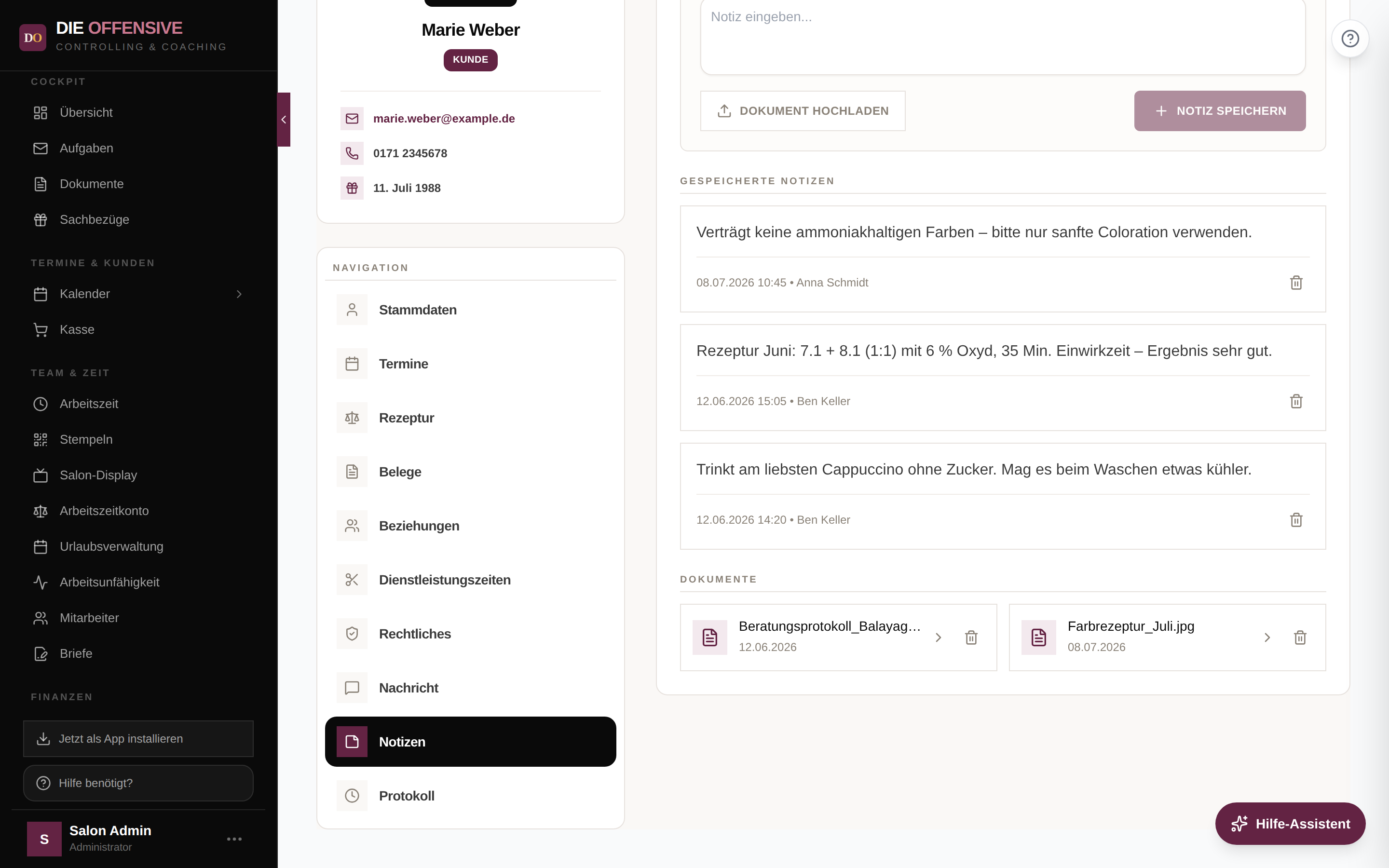 Notizen-Tab der Kundenakte mit gespeicherten Notizen und Dokumenten
