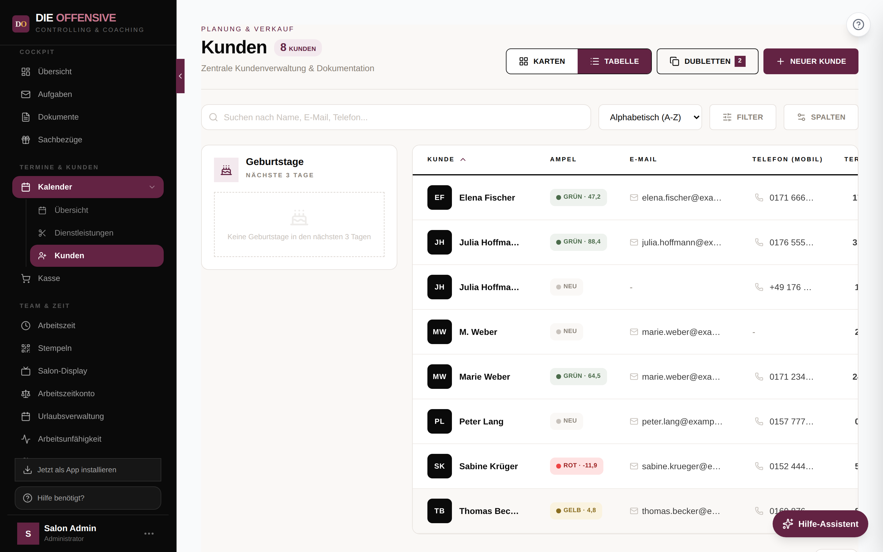 Kundenliste mit Ampel-Spalte (Grün, Gelb, Rot, Neu) und Dubletten-Button mit Zähler