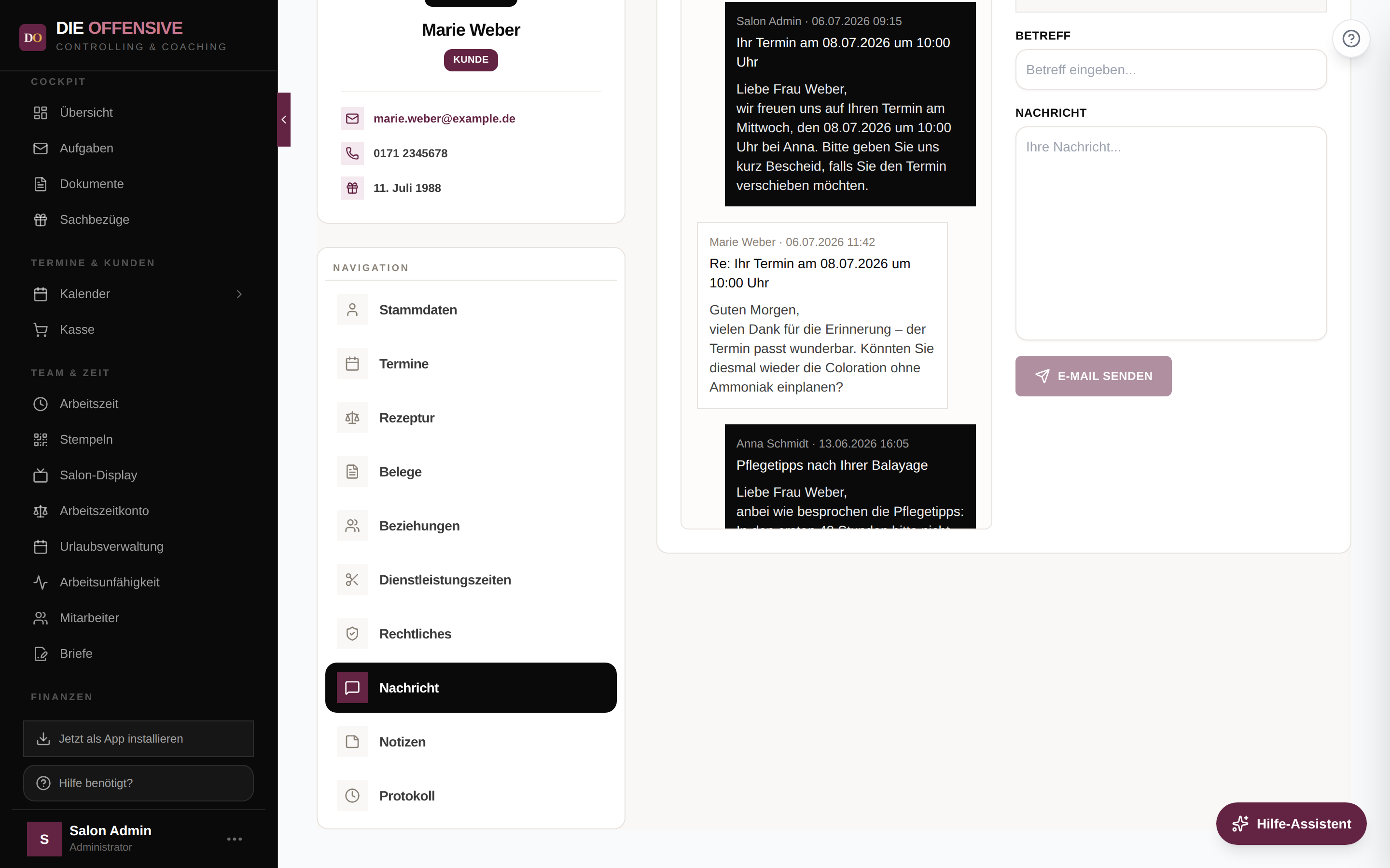 Tab Nachricht: E-Mail-Verlauf in Chat-Optik links, Verfassen-Formular mit Betreff und Nachricht rechts
