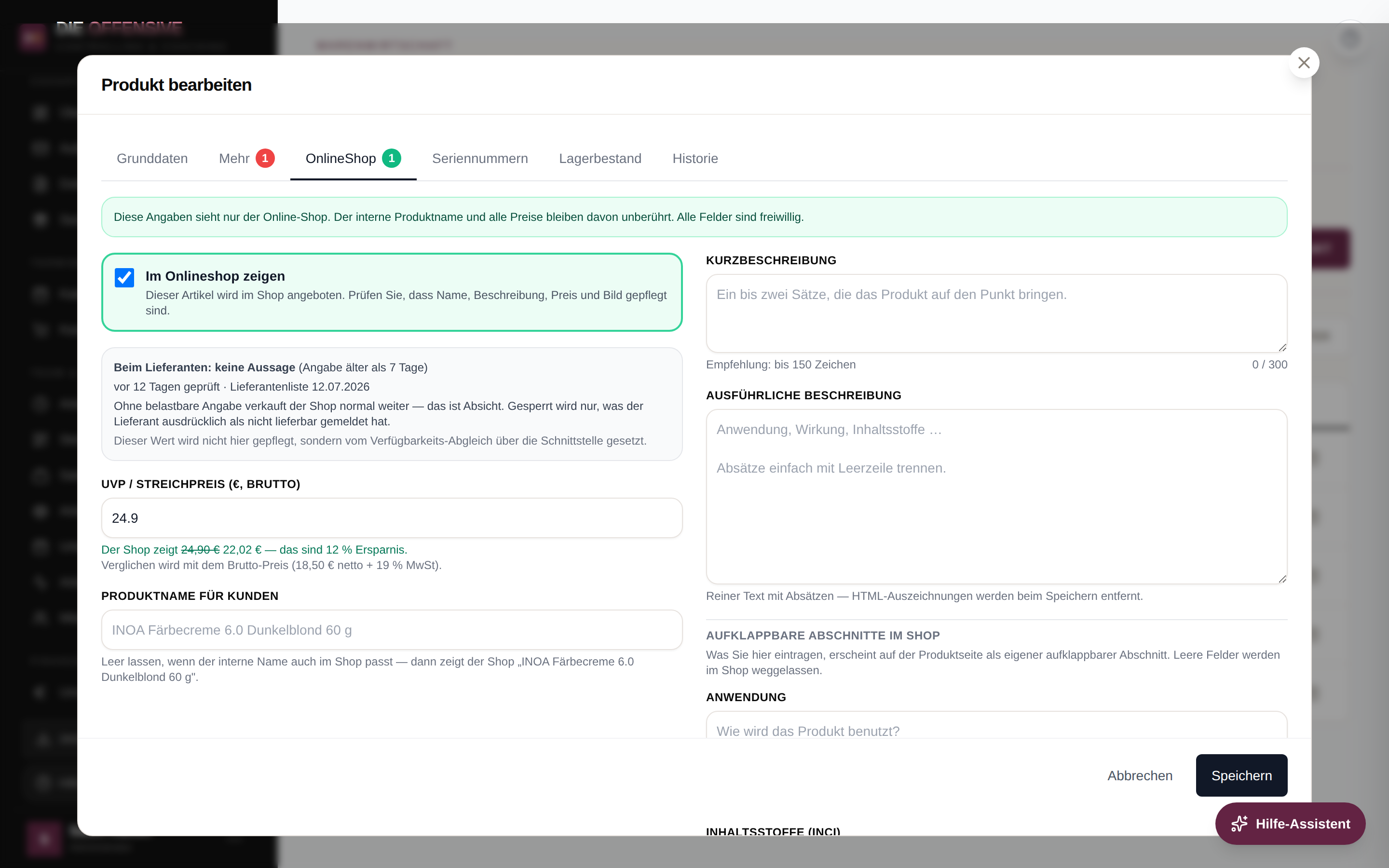 Reiter OnlineShop im Produkt-Fenster: Kasten mit Zustand, Prüfdatum und Notiz unter der Shop-Freigabe