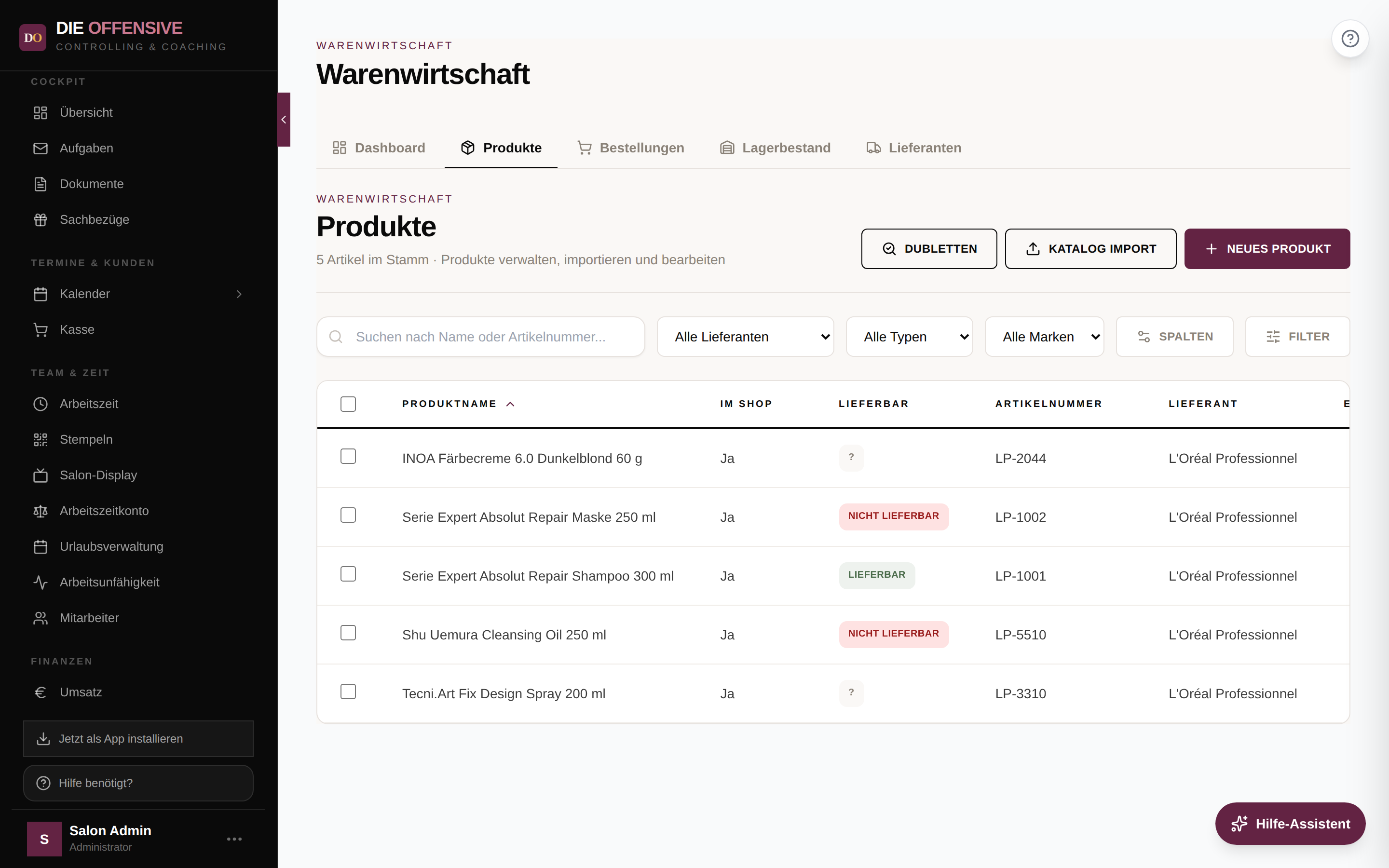 Produktliste mit der Spalte „Lieferbar