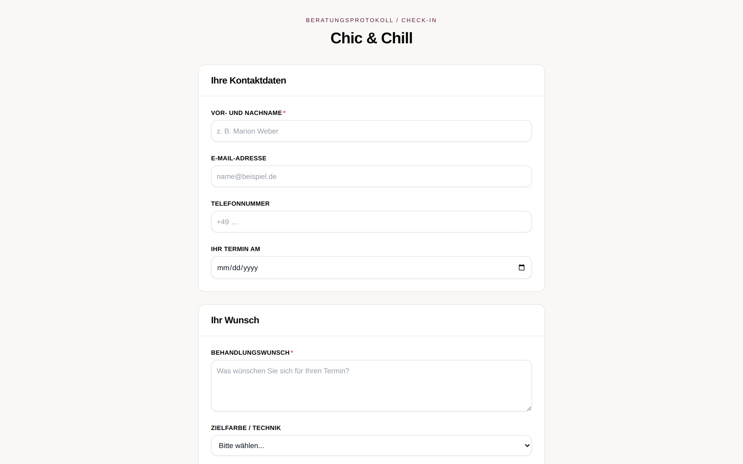Öffentliches Beratungsformular aus Kundensicht mit Kontaktdaten und Behandlungswunsch