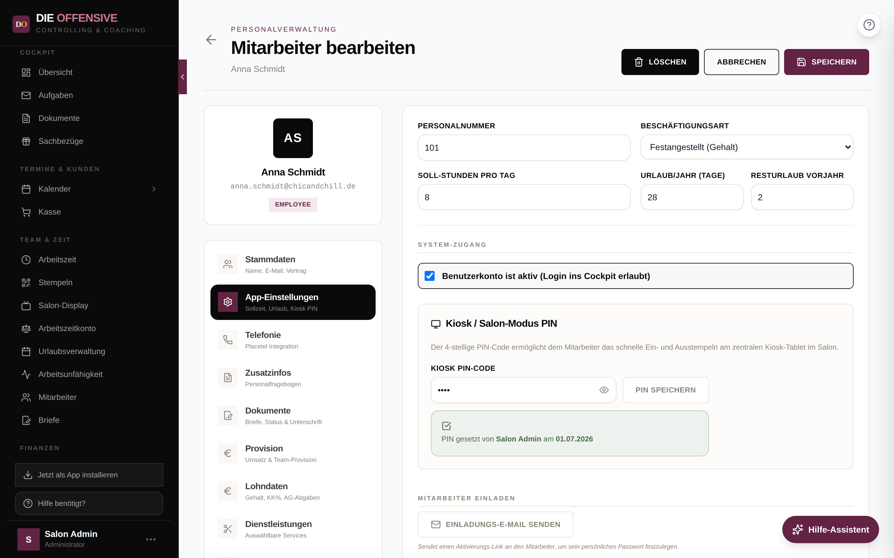 Bereich App-Einstellungen mit Personalnummer, Sollzeit, Urlaub, System-Zugang und Kiosk-PIN