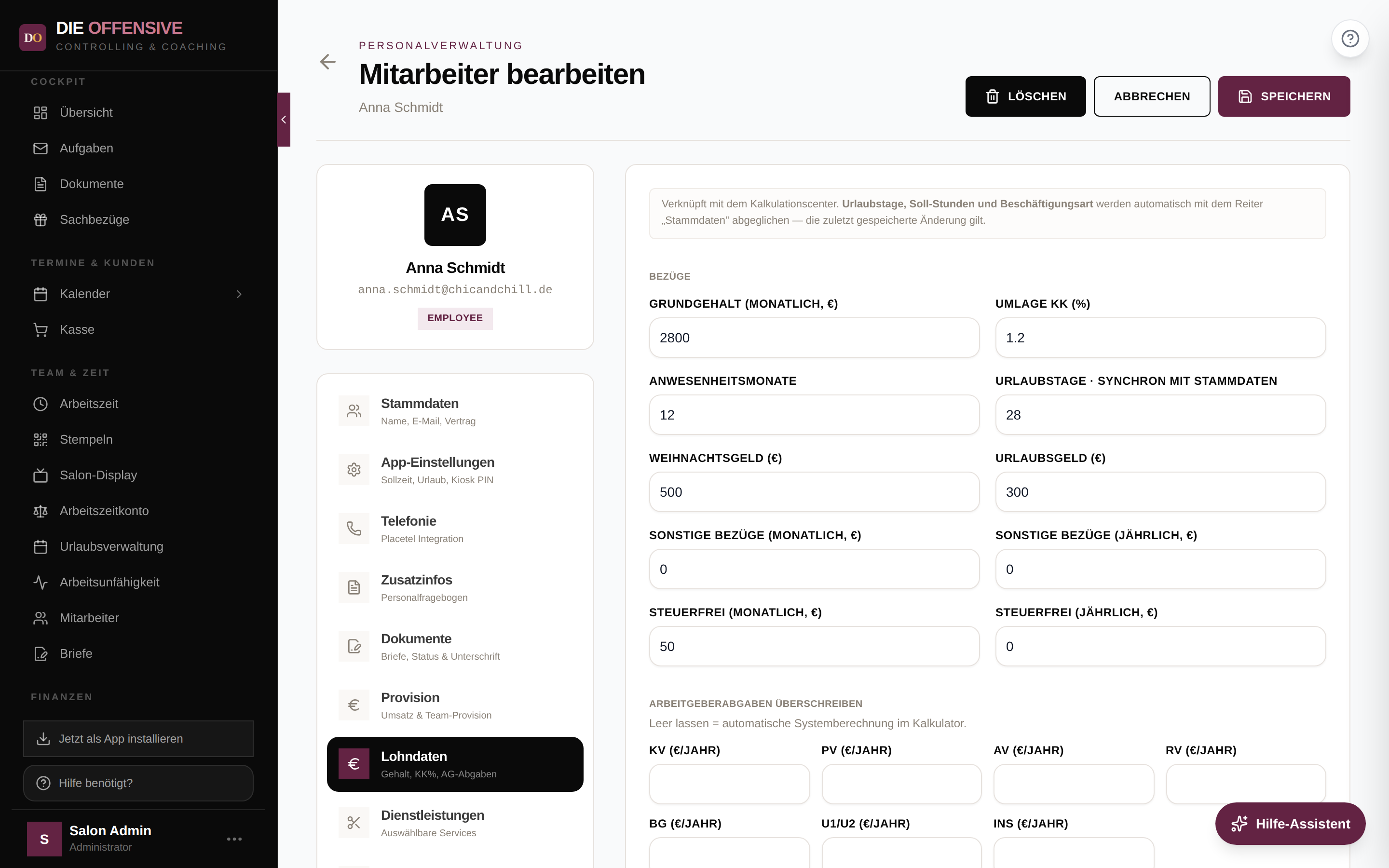 Lohndaten-Bereich der Mitarbeiter-Akte mit Bezügen und Arbeitgeberabgaben