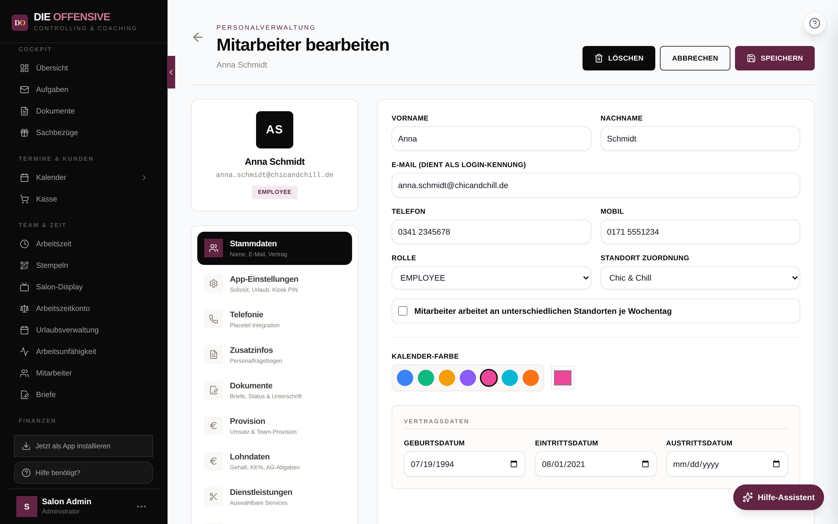 Mitarbeiter-Akte mit Profilkarte, Bereichsmenü links und dem Bereich Stammdaten rechts