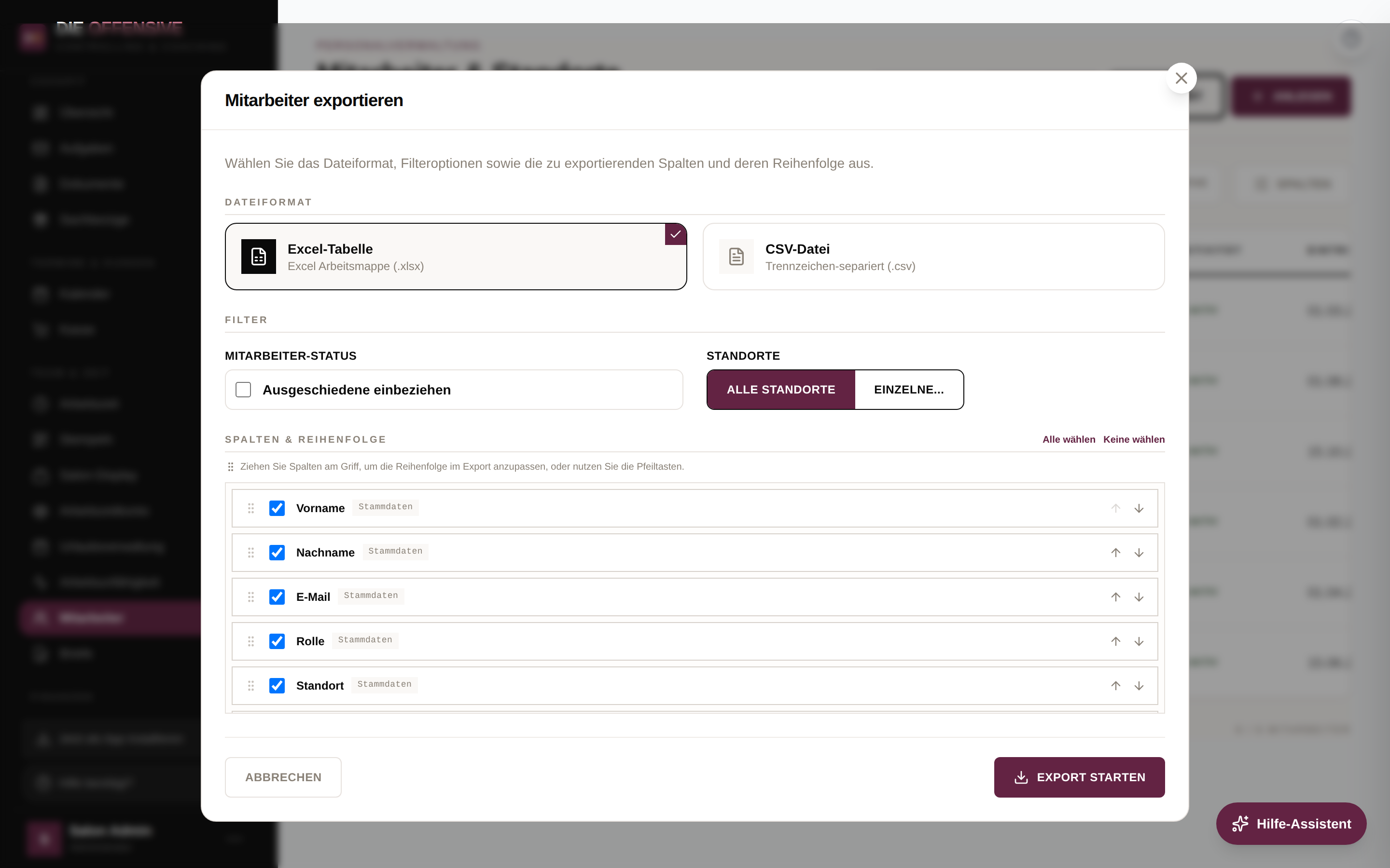 Export-Fenster mit Dateiformat, Filtern sowie Spaltenauswahl und Reihenfolge