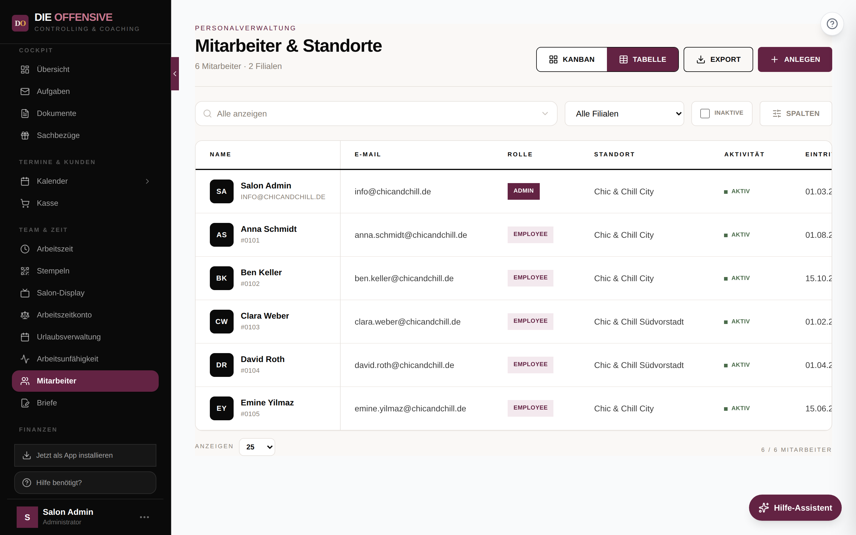 Mitarbeiter-Tabelle mit Filterleiste, eingeblendeten Spalten und Umschalter Kanban/Tabelle