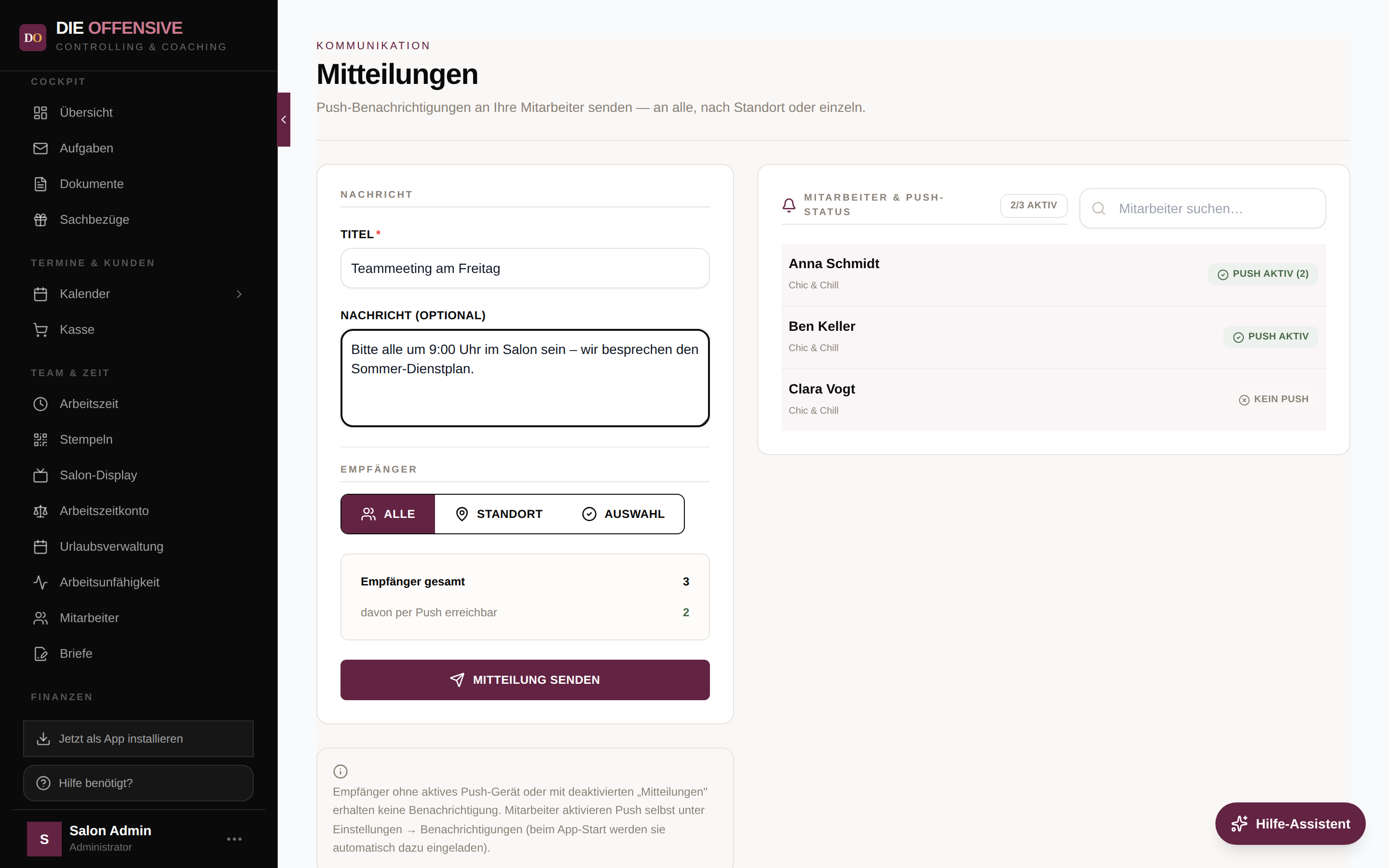 Mitteilungs-Center mit Nachrichtenformular links und Mitarbeiterliste mit Push-Status rechts