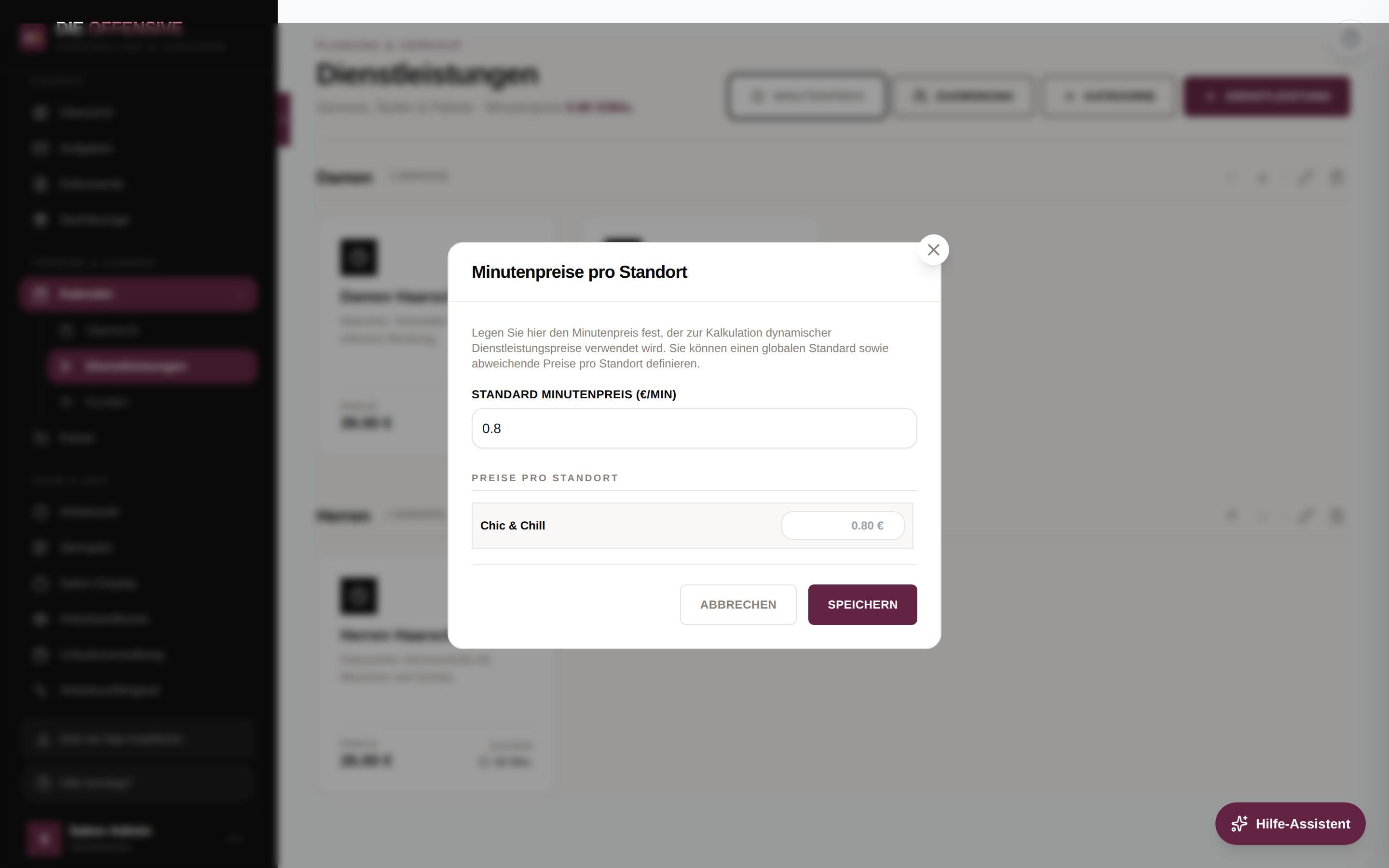Fenster Minutenpreise pro Standort mit Standard-Minutenpreis und Feld je Filiale