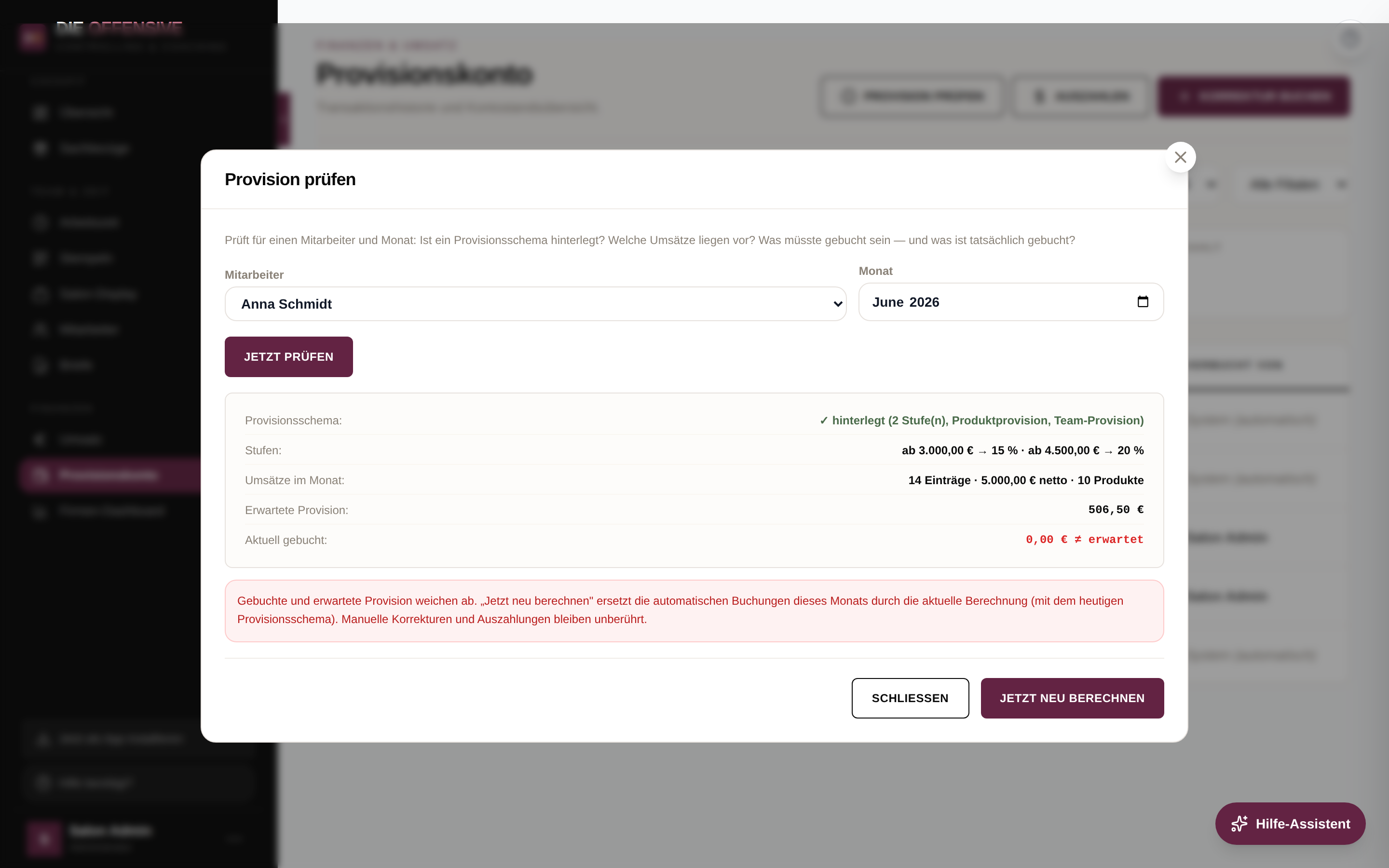 Provision prüfen: Schema, Umsätze, erwartete und gebuchte Provision im Vergleich