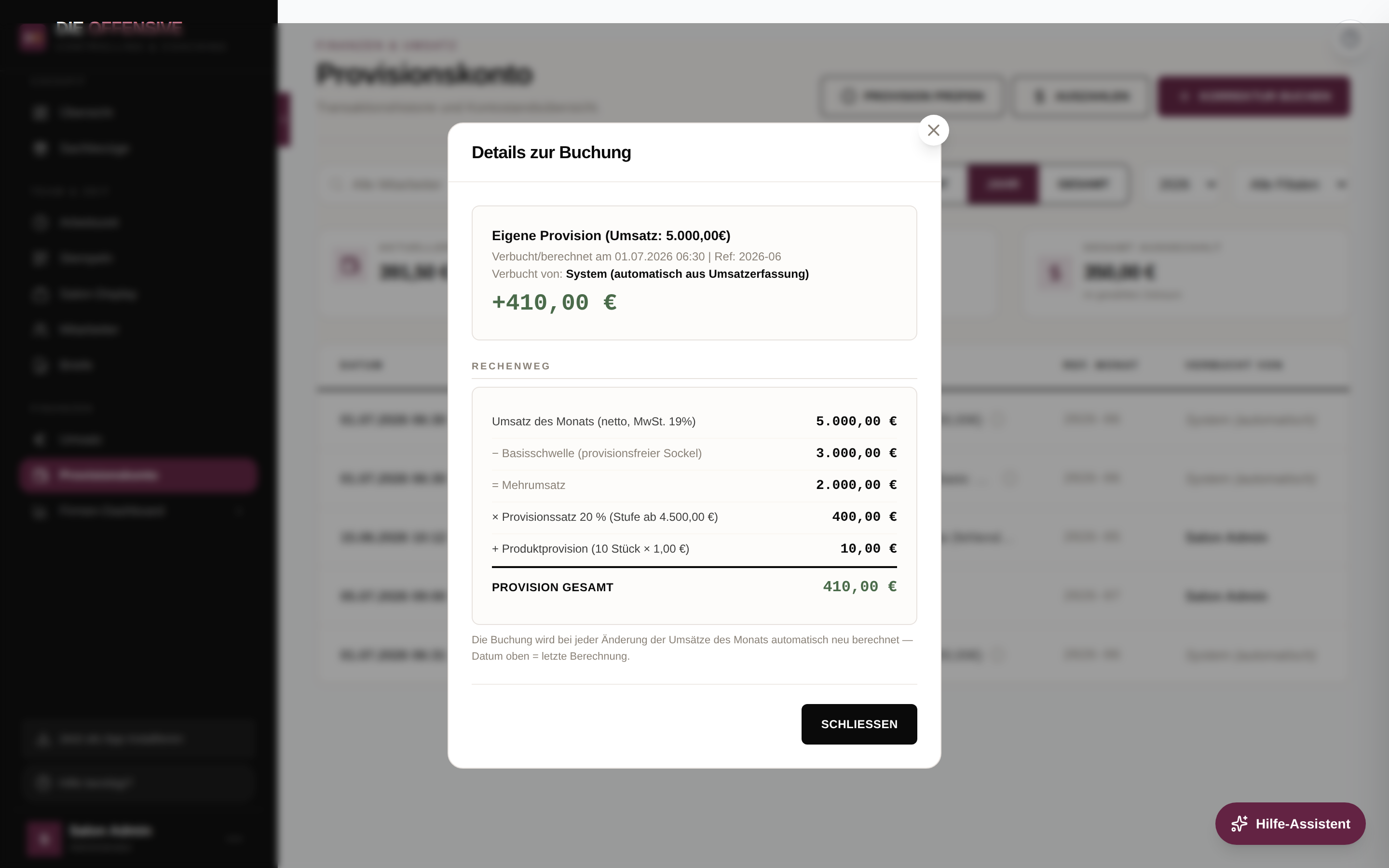 Rechenweg einer Provisionsbuchung im Detail-Modal