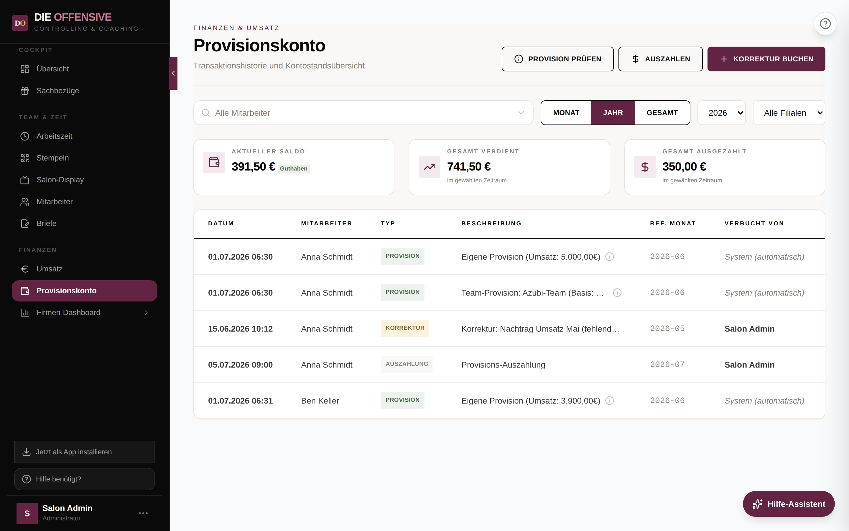 Provisionskonto mit Saldo-Karten und Transaktionshistorie