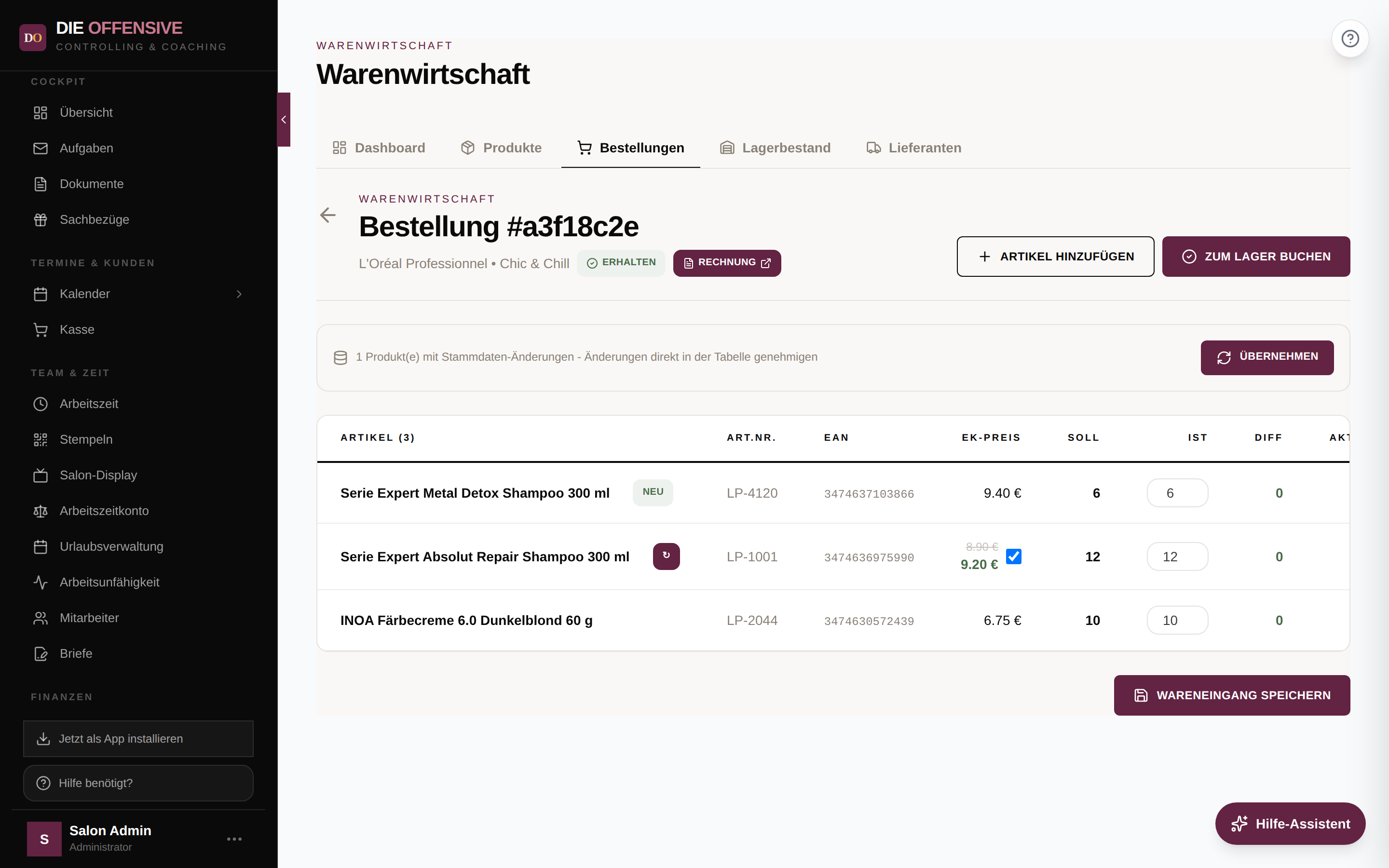 Importierte Rechnung als Bestellung: neues Produkt mit NEU-Badge, EK-Preis-Änderung zum Genehmigen, Button Zum Lager buchen