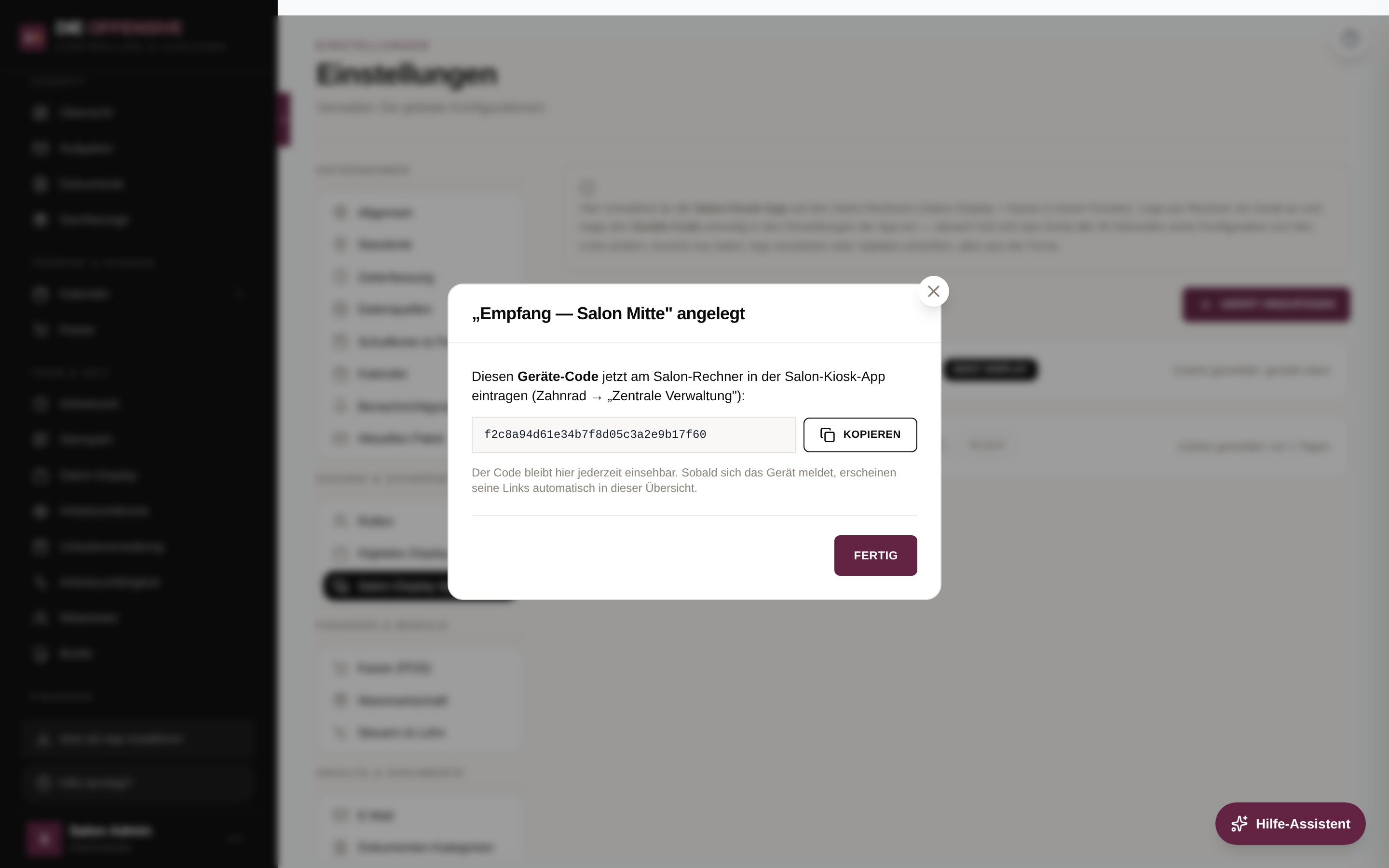 Fenster nach dem Anlegen eines Geräts: Geräte-Code mit Kopieren-Button