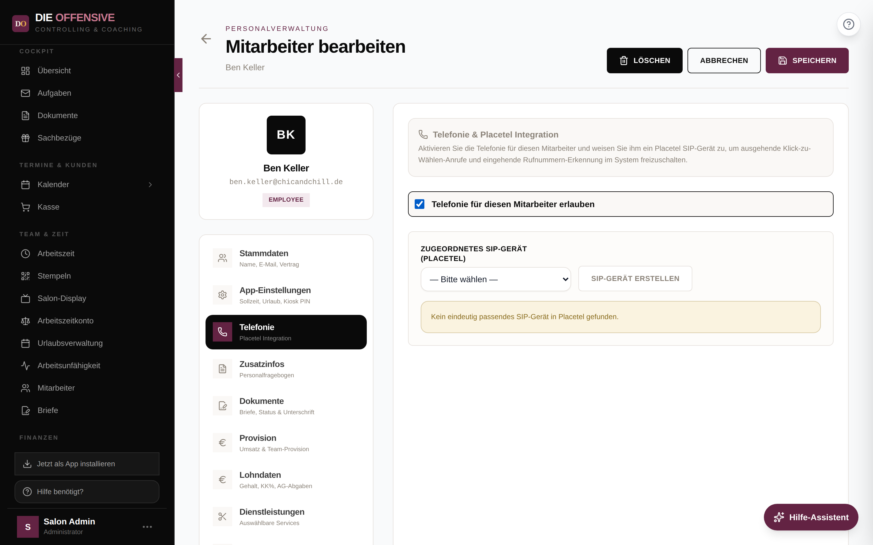 Telefonie-Tab ohne Geräte-Treffer: Auswahlliste, Hinweis und Button SIP-Gerät erstellen