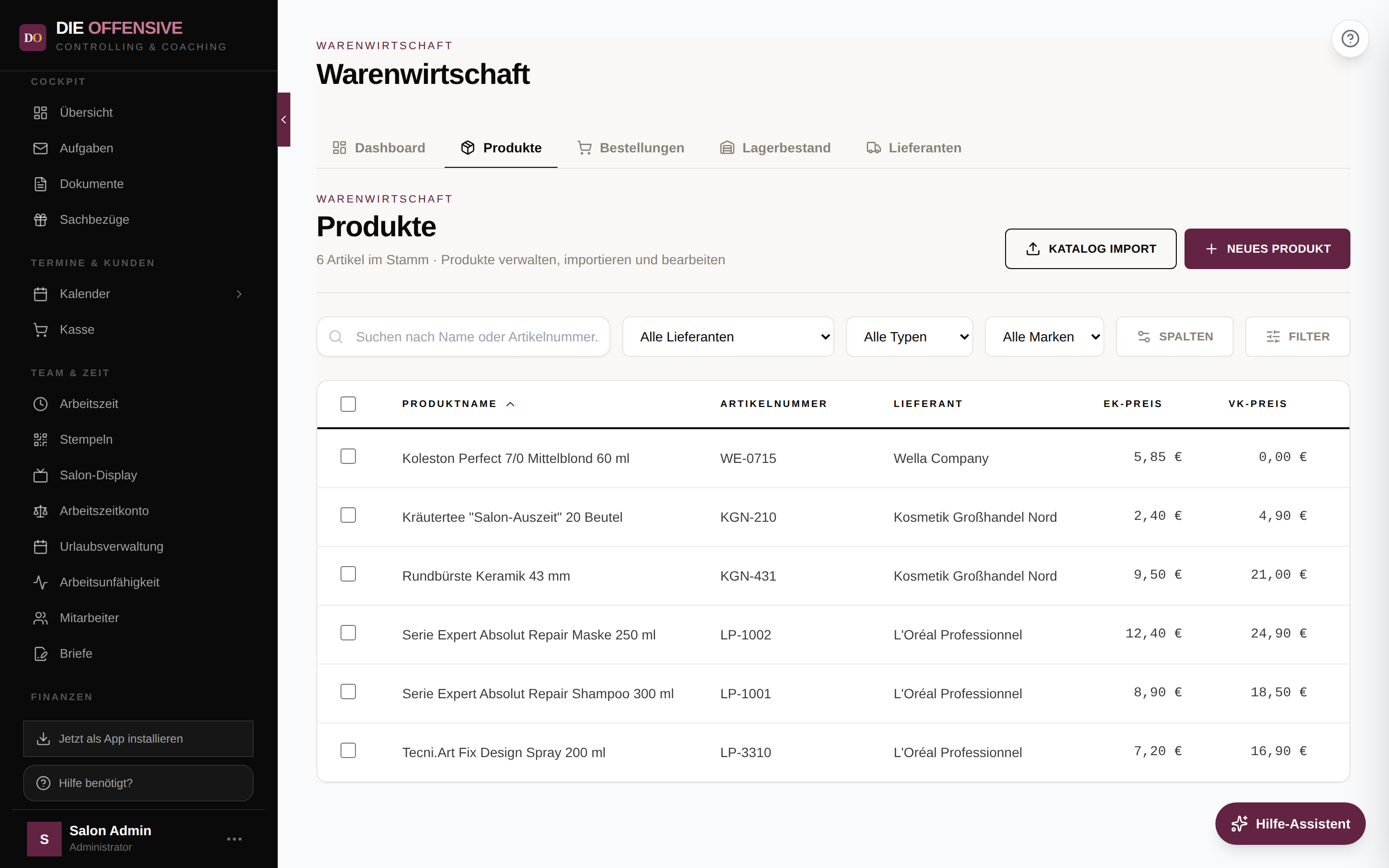Produktliste der Warenwirtschaft mit dem Reiter Produkte
