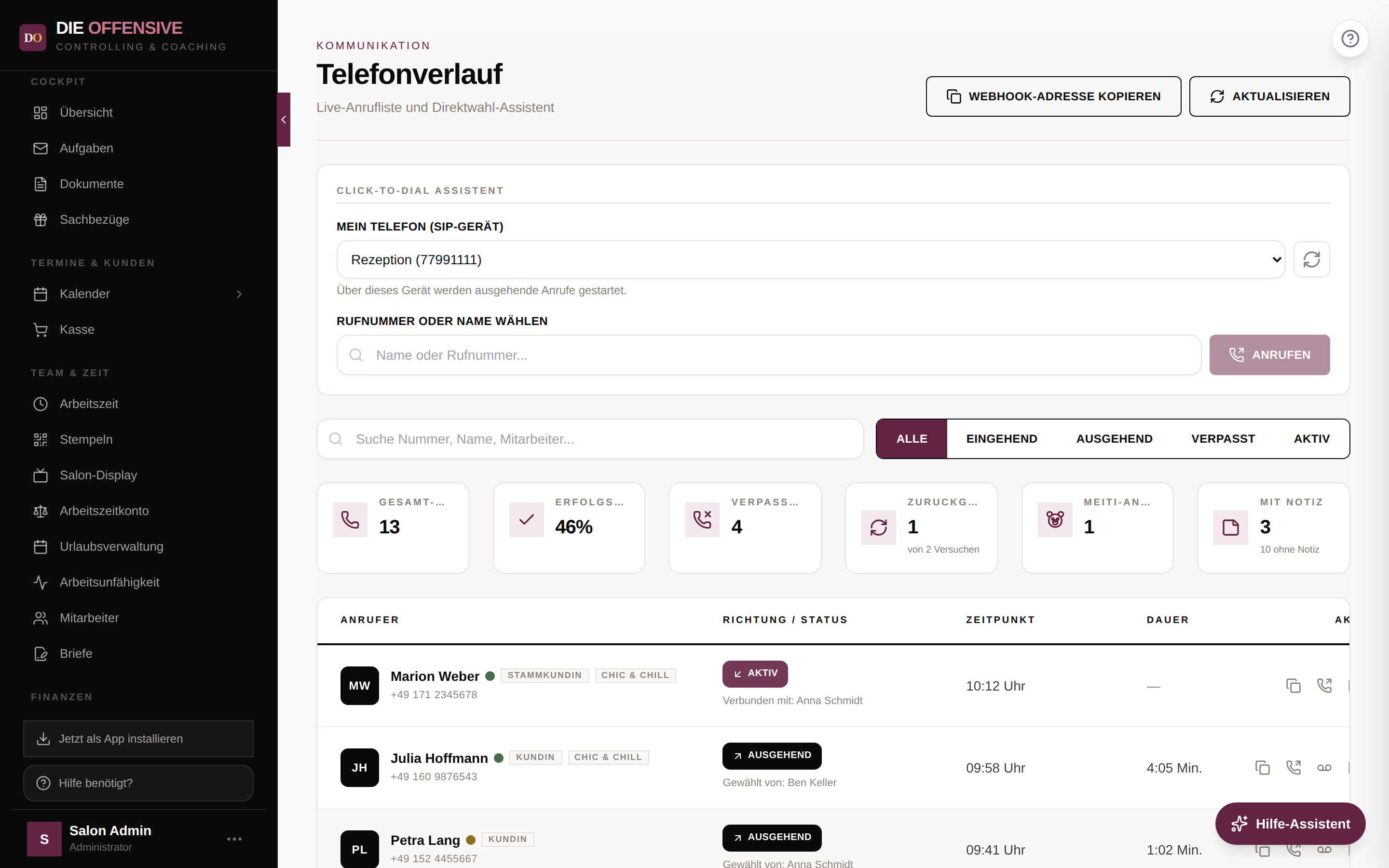 Telefonverlauf mit Click-to-Dial-Assistent, Kennzahlen und Live-Anrufliste