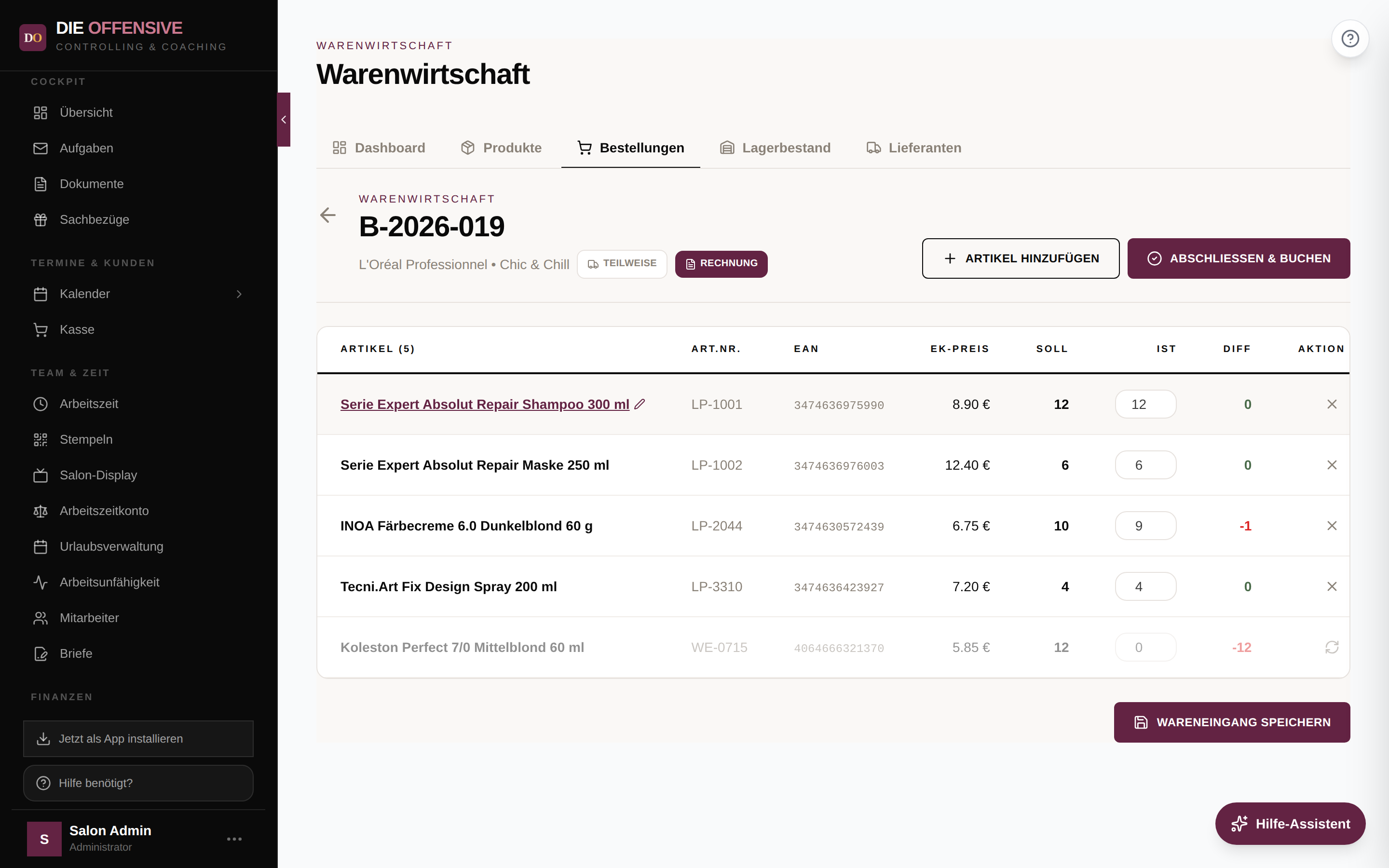 Bestelldetail mit Artikel-Tabelle: Soll, Ist und Differenz je Position, oben die Buttons Artikel hinzufügen und Abschließen & Buchen