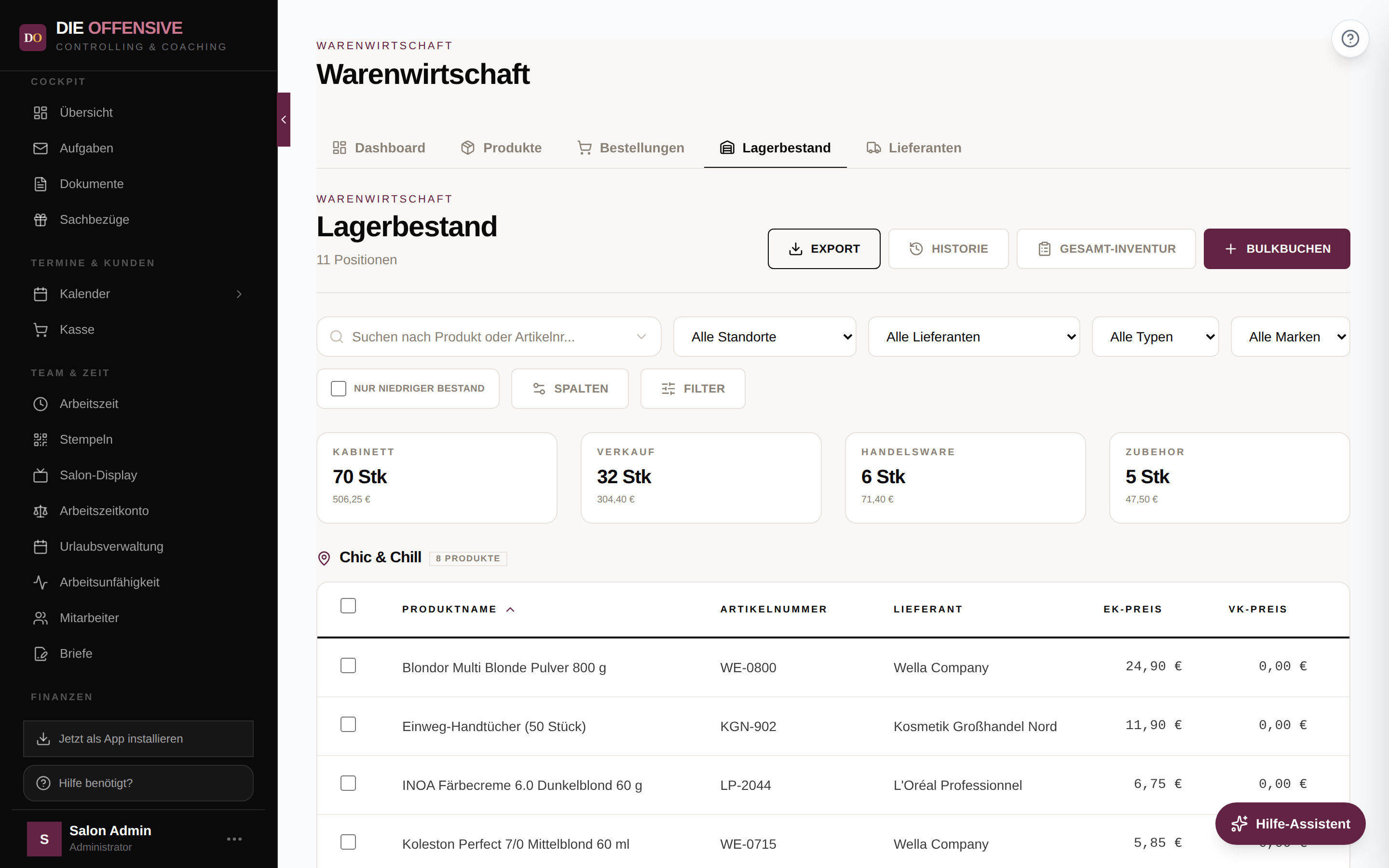 Lagerbestand mit Typ-Karten, Filterleiste und Bestandstabelle je Standort