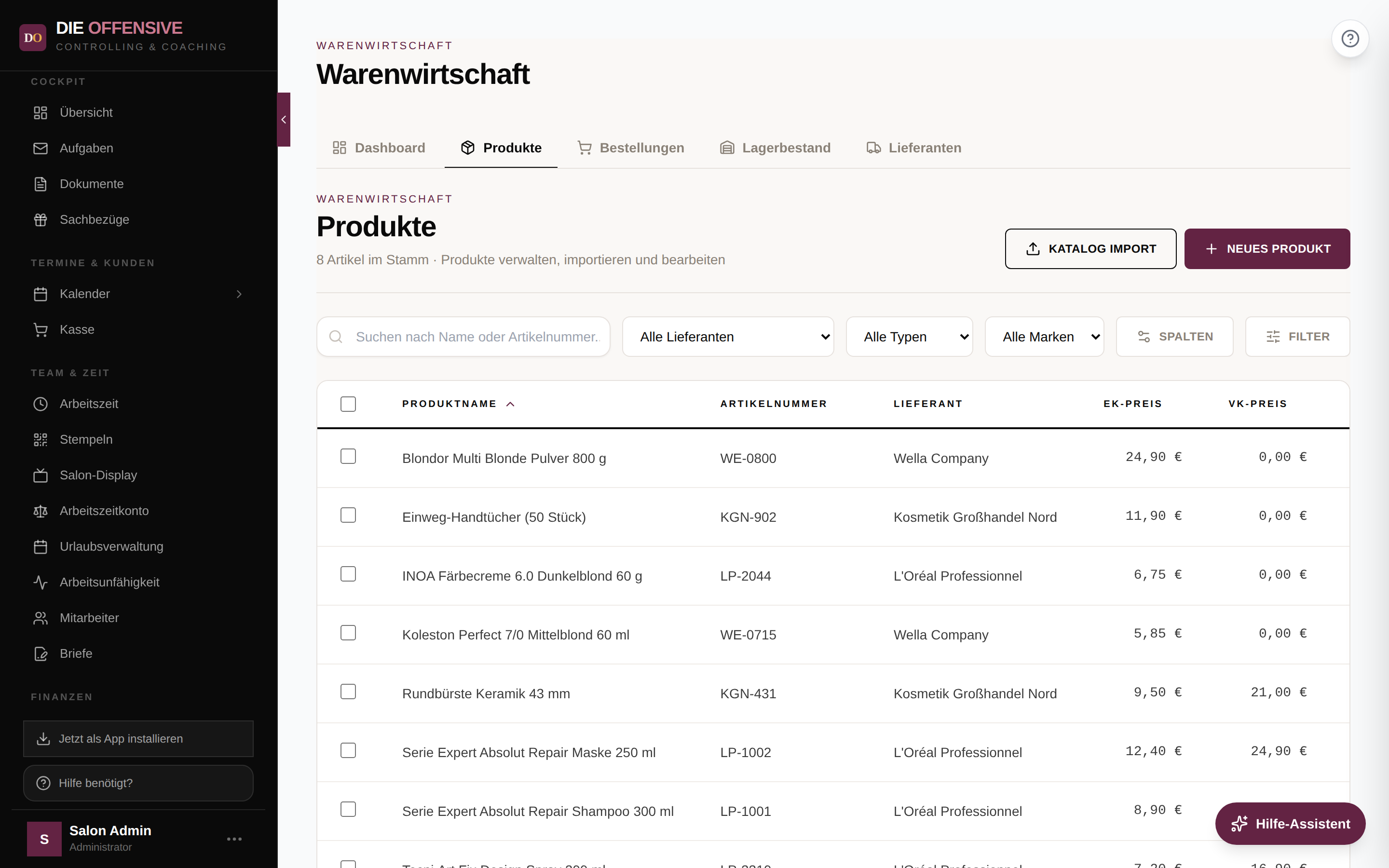 Produktliste mit Suchfeld, Filtern und Spalten für Artikelnummer, Lieferant und Preise